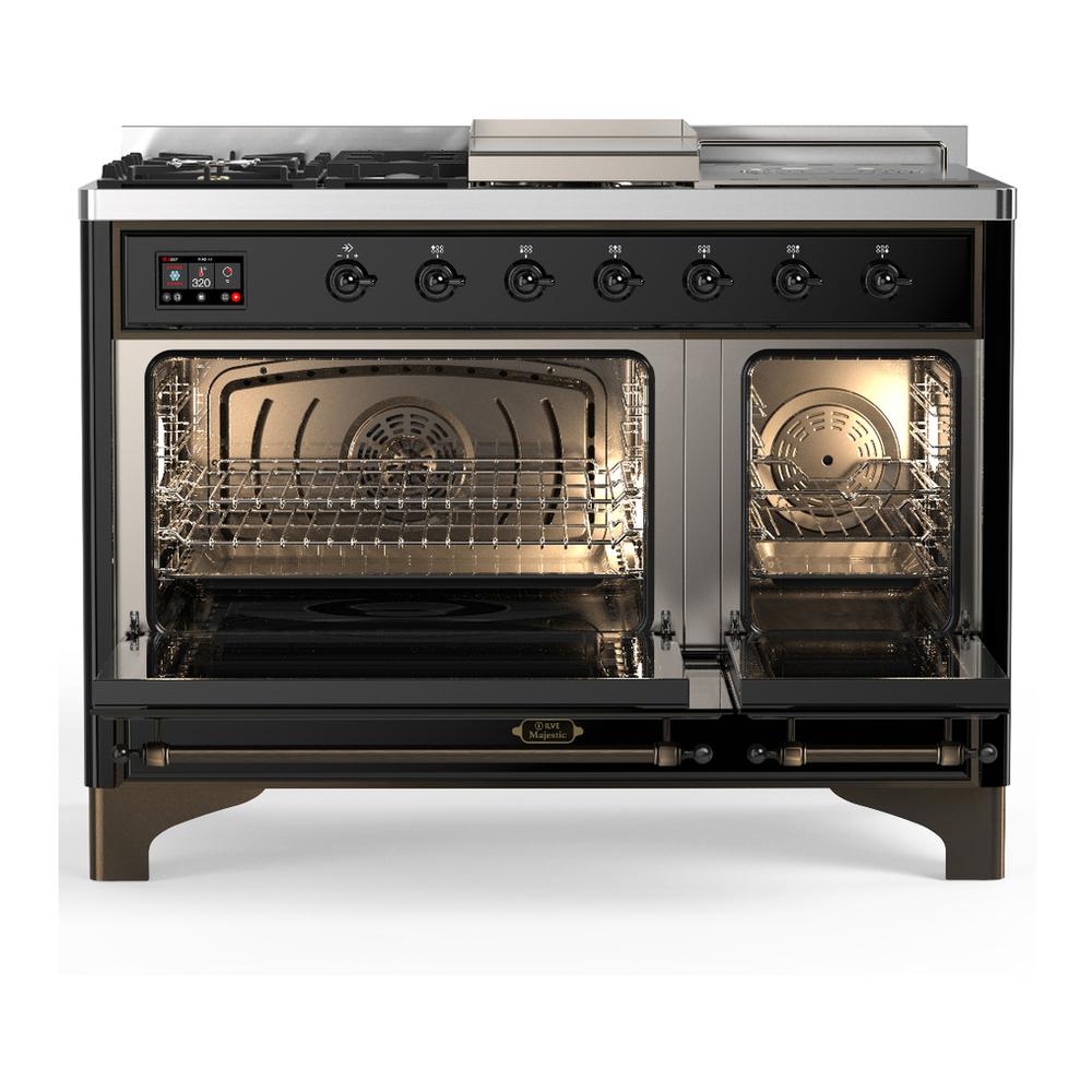 Ilve UM48FSNR3BKBLP Ilve Um48Fsnr3Bkblp Majestic Iii 48 Inch Dual Fuel Range With 5 Black Brass Burners, Griddle And French Top, Dual Function Burner Up To 25,000 Btu (Liquid Propane, Triple Glass Door, Glossy Black, Burnished)