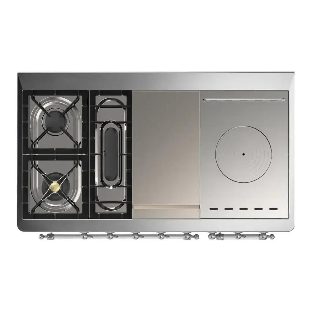 Ilve UM48FSQNR3RAC Ilve Um48Fsqnr3Rac Majestic Iii 48 Inch Dual Fuel Range With 5 Black Brass Burners, Griddle And French Top, Dual Function Burner Up To 25,000 Btu (Natural Gas, Solid Door, Ral, Chrome)