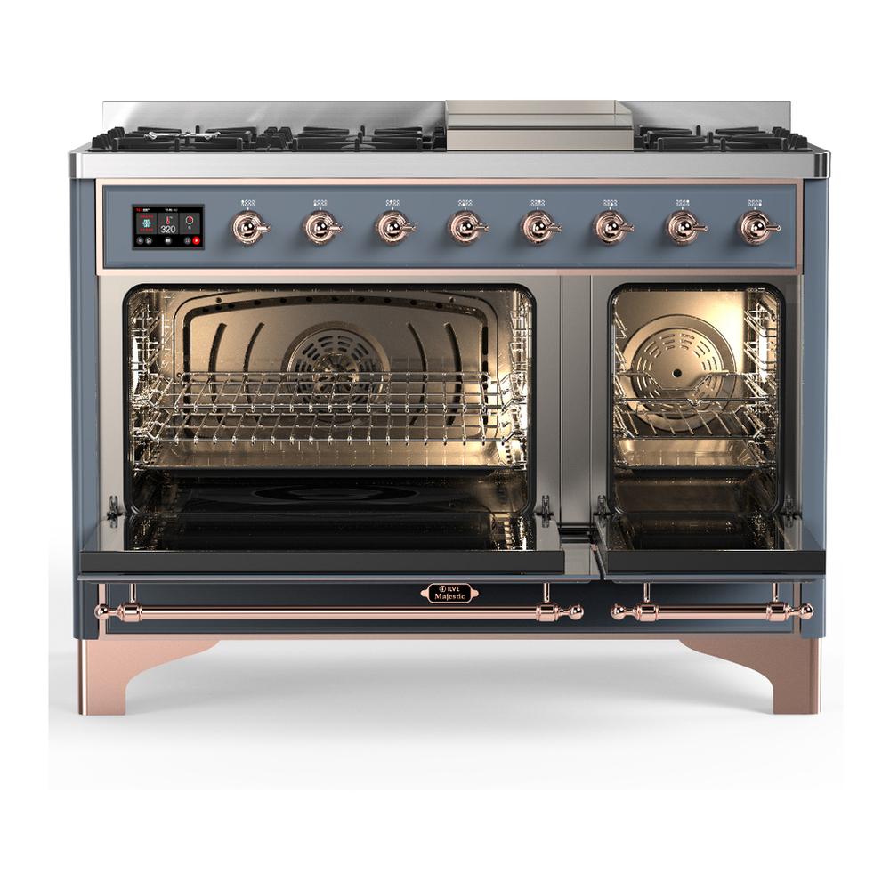 Ilve UM48FNR3BGPLP Ilve Um48Fnr3Bgplp Majestic Iii 48 Inch Dual Fuel Range With 8 Burners And Griddle, Dual Function Burner Up To 25,000 Btu (Liquid Propane, Triple Glass Door, Blue Grey, Copper)