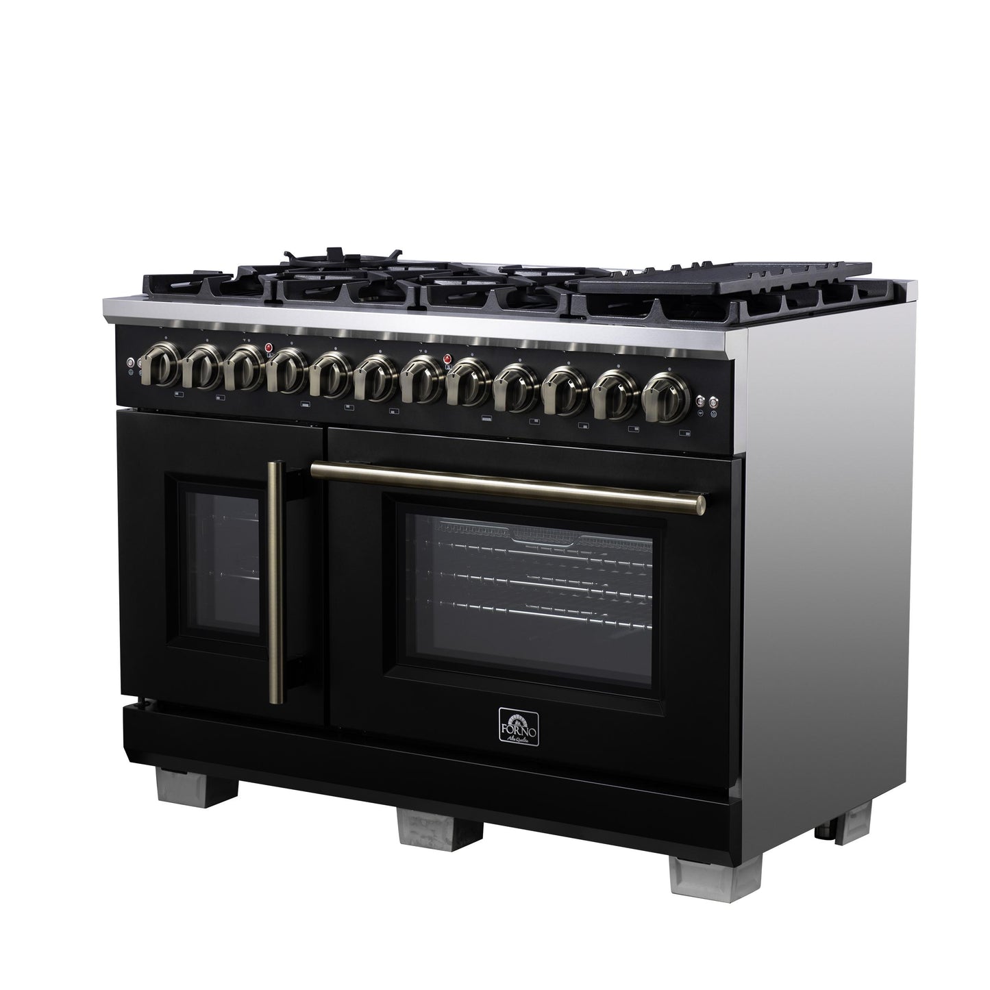 Forno FFSGS638748BLK Forno Capriasca 48 Inch Freestanding French Door Dual Fuel Range In Black With Antique Brass Accessories, 8 Burners, True Convection Oven