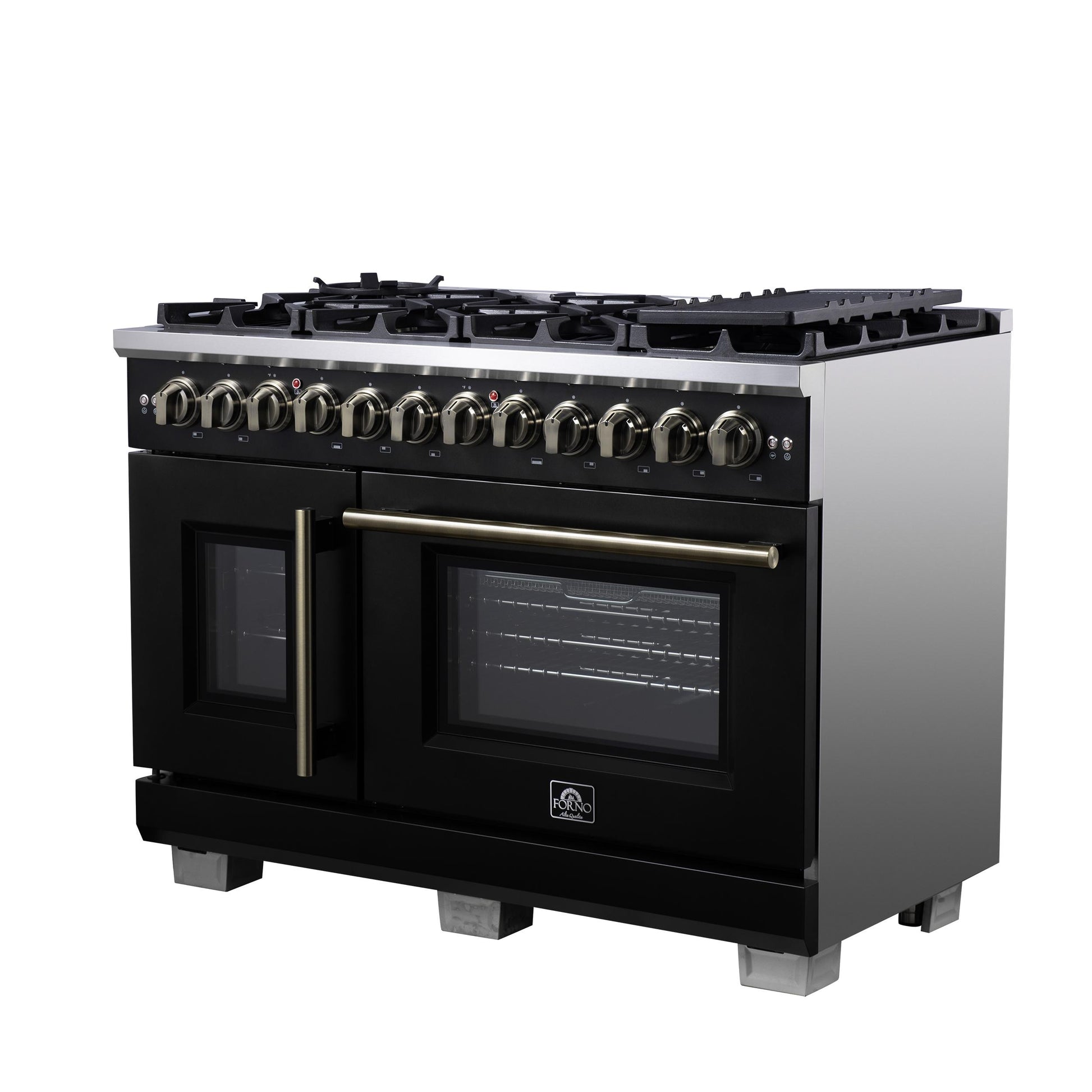 Forno FFSGS638748BLK Forno Capriasca 48 Inch Freestanding French Door Dual Fuel Range In Black With Antique Brass Accessories, 8 Burners, True Convection Oven