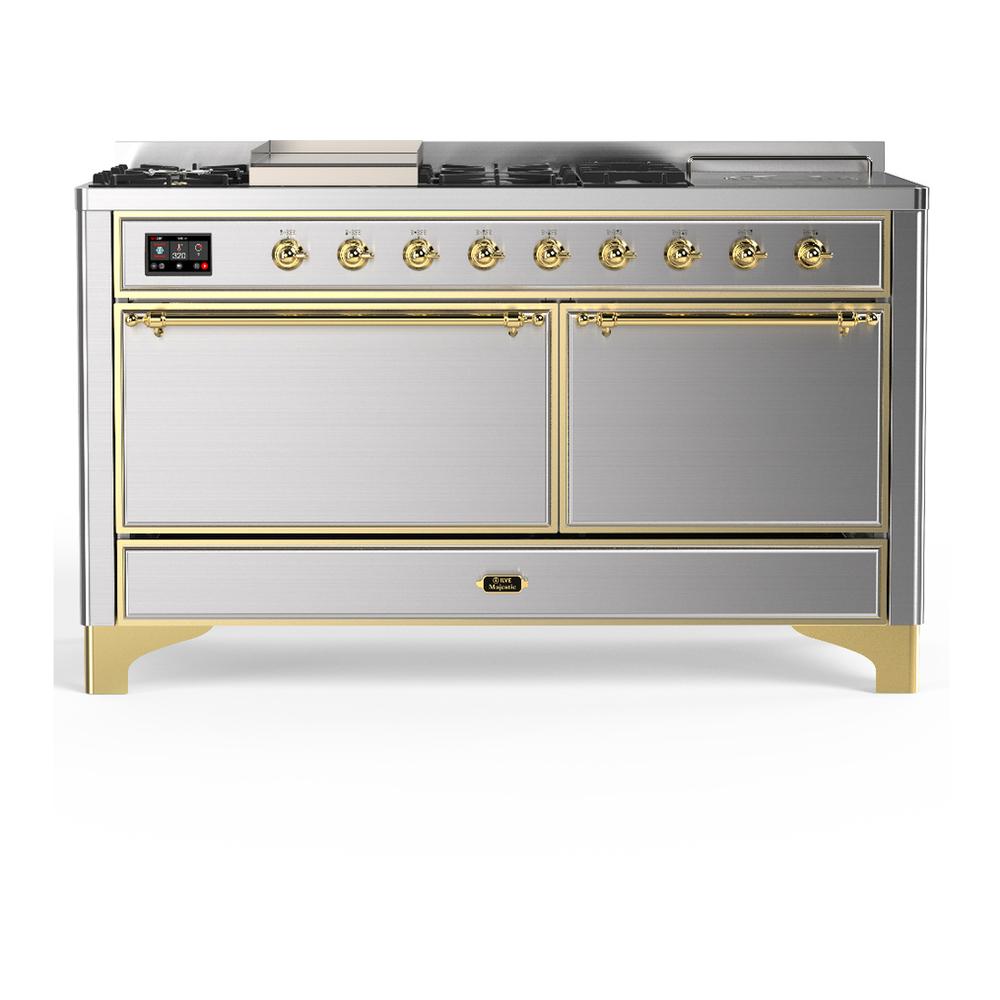 Ilve UM60FSQNR3SSGLP Ilve Um60Fsqnr3Ssglp Majestic Iii 60 Inch Dual Fuel Range With 7 Burners, Griddle And French Top, Dual Function Burner With Up To 25,000 Btu (Liquid Propane, Solid Door, Stainless Steel, Brass)