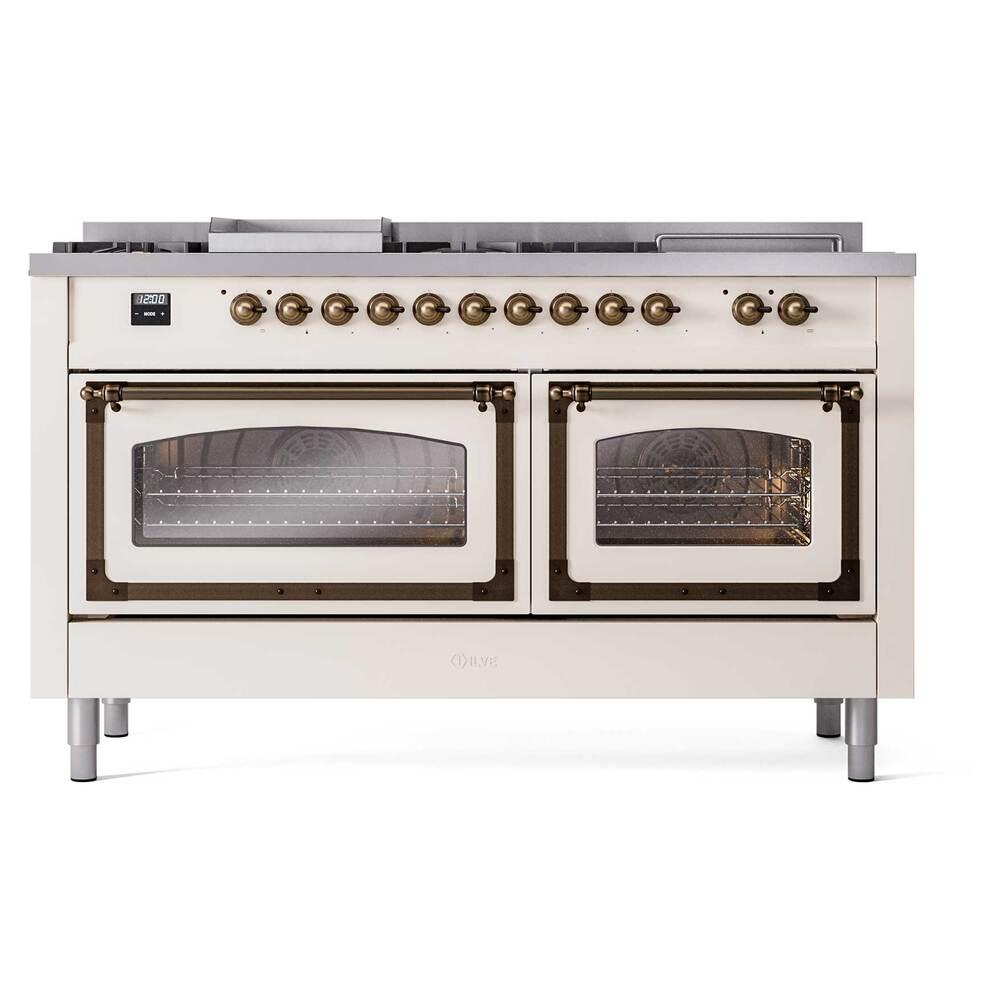 Ilve UN60FSNMPAWB Ilve Un60Fsnmpawb Nostalgie Ii Noblesse 60" Dual Fuel Range (7 Sealed Burners + Griddle + French Top, Natural Gas, Triple Glass Door, Antique White, Burnished)