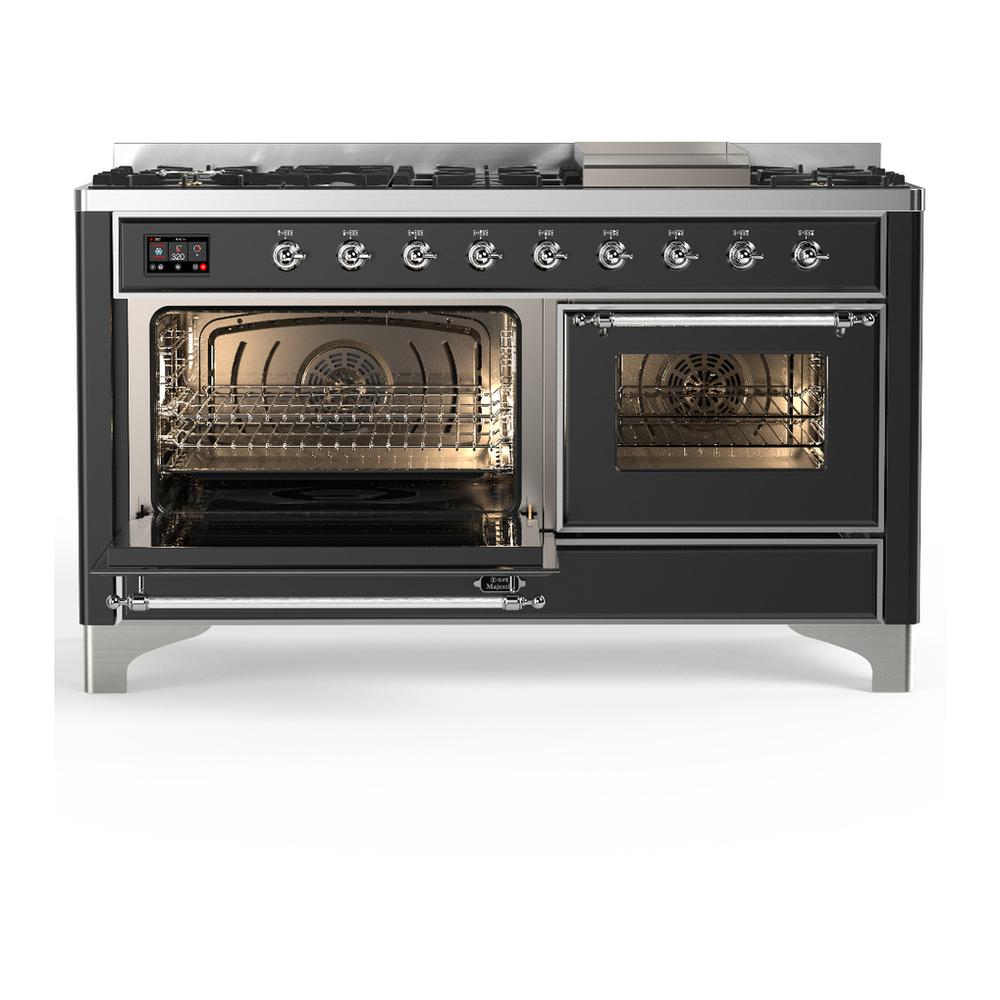 Ilve UM60FNR3MGCLP Ilve Um60Fnr3Mgclp Majestic Iii 60 Inch Dual Fuel Range With 9 Burners And Griddle, Dual Function Burner Up To 25,000 Btu (Liquid Propane, Triple Glass Door, Graphite Matte, Chrome)
