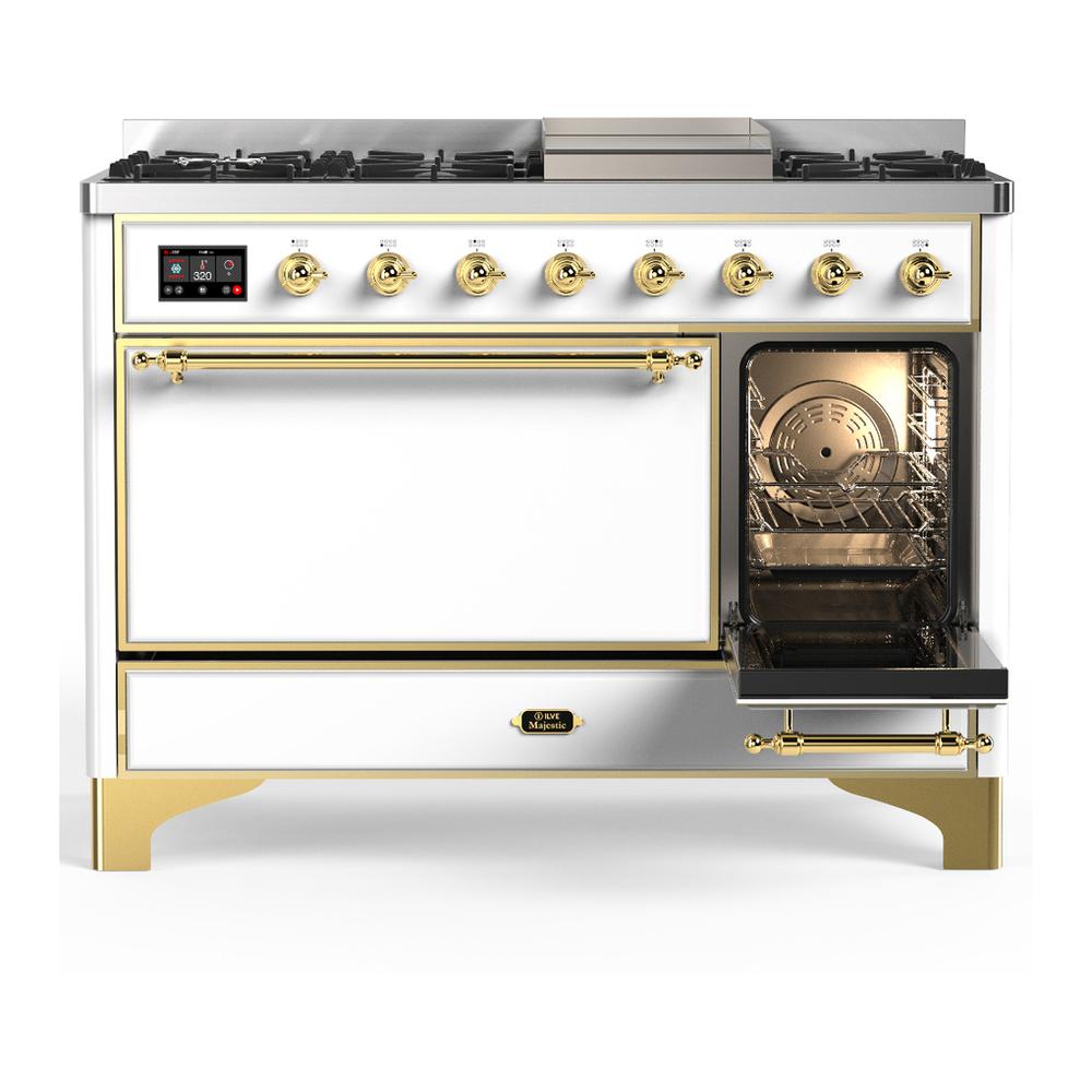 Ilve UM48FQNR3WHG Ilve Um48Fqnr3Whg Majestic Iii 48 Inch Dual Fuel Range With 8 Burners And Griddle, Dual Function Burner Up To 25,000 Btu (Natural Gas, Solid Door, White, Brass)