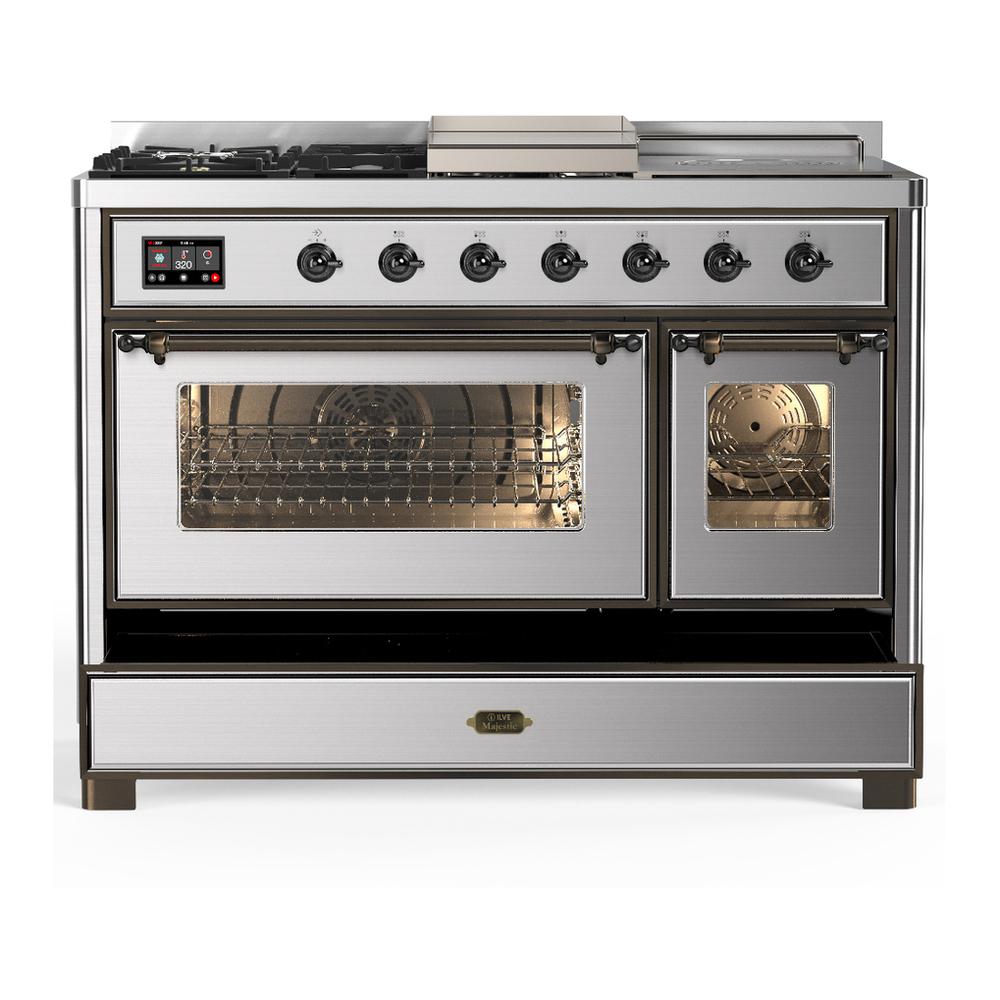Ilve UM48FSNR3SSB Ilve Um48Fsnr3Ssb Majestic Iii 48 Inch Dual Fuel Range With 5 Black Brass Burners, Griddle And French Top, Dual Function Burner Up To 25,000 Btu (Natural Gas, Triple Glass Door, Stainless Steel, Burnished)