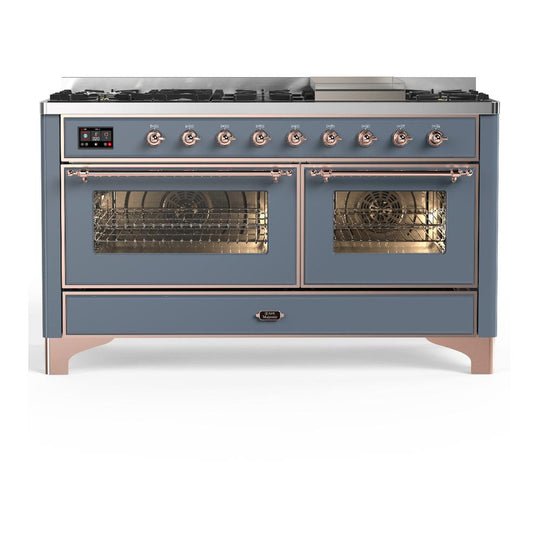 Ilve UM60FNR3BGP Ilve Um60Fnr3Bgp Majestic Iii 60 Inch Dual Fuel Range With 9 Burners And Griddle, Dual Function Burner Up To 25,000 Btu (Natural Gas, Triple Glass Door, Blue Grey, Copper)