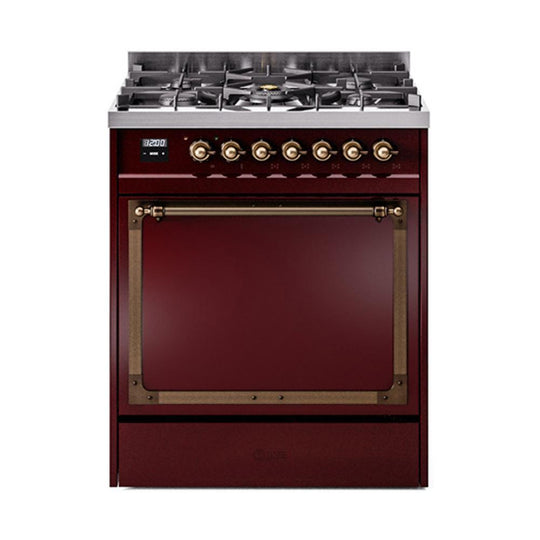 Ilve UN30QNMPBUB Ilve Un30Qnmpbub Nostalgie Ii Noblesse 30" Dual Fuel Range (Natural Gas, Solid Door, Burgundy, Burnished)