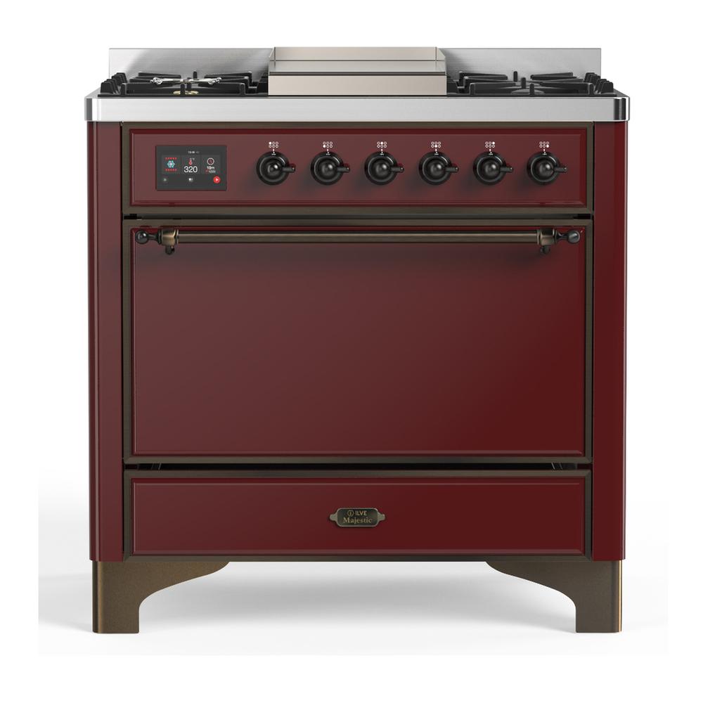 Ilve UM36FQNR3BUBLP Ilve Um36Fqnr3Bublp Majestic Iii 36 Inch Dual Fuel Range With 6 Black Brass Burners And Griddle, Dual Function Burner Up To 25,000 Btu (Solid Door, Burgundy, Burnished, Liquid Propane)