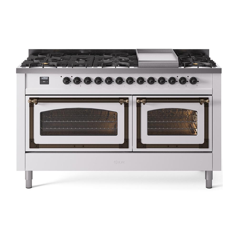 Ilve UN60FNMPWHBLP Ilve Un60Fnmpwhblp Nostalgie Ii Noblesse 60" Dual Fuel Range (9 Sealed Burners + Griddle, Liquid Propane, Triple Glass Door, White, Burnished)