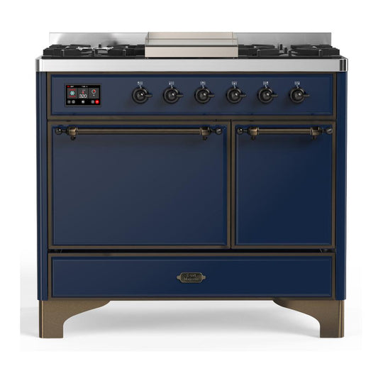 Ilve UMD40FQNR3MBBLP Ilve Umd40Fqnr3Mbblp Majestic Iii 40 Inch Dual Fuel Range With 6 Burners And Griddle, Dual Function Burner Up To 25,000 Btu (Liquid Propane, Solid Door, Midnight Blue, Burnished)