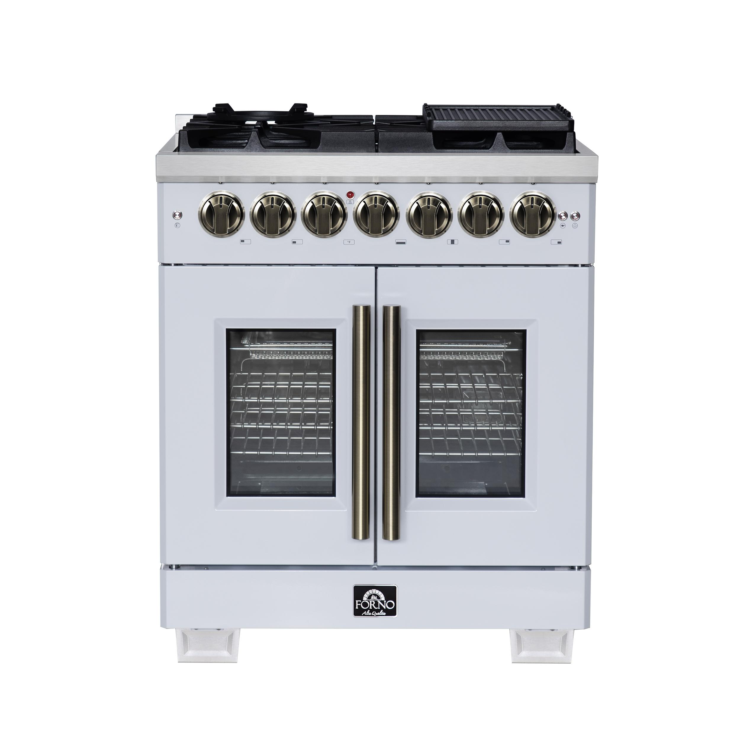 Forno FFSGS638730WHT Forno Capriasca 30-Inch Freestanding French Door Dual Fuel Range In White With Antique Brass Accessories, 5 Burners, True Convection Oven