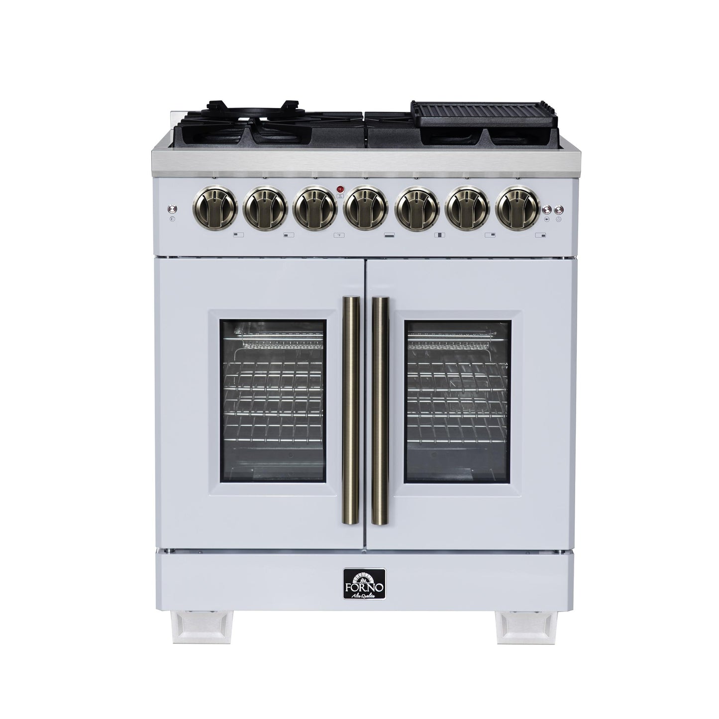 Forno FFSGS638730WHT Forno Capriasca 30-Inch Freestanding French Door Dual Fuel Range In White With Antique Brass Accessories, 5 Burners, True Convection Oven