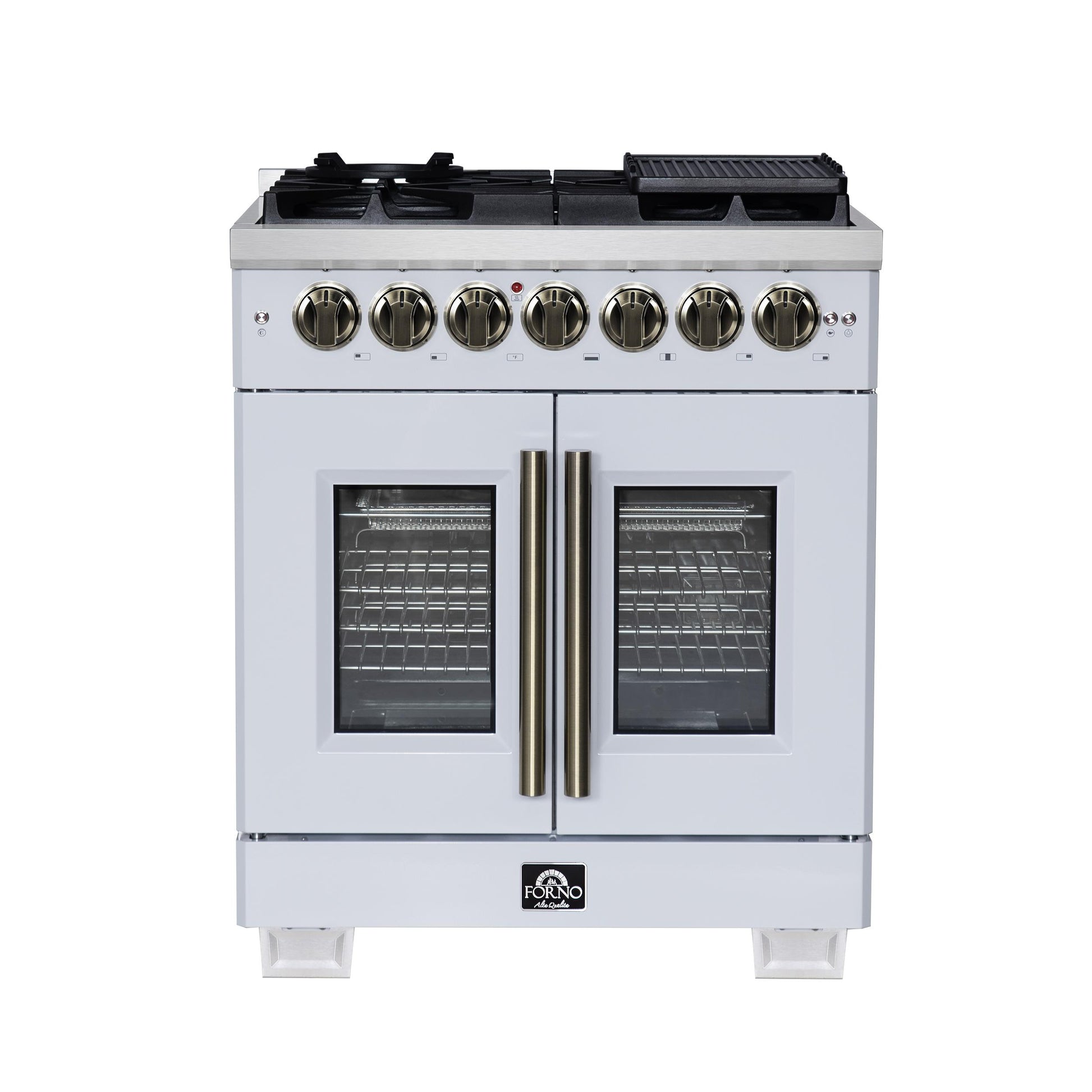 Forno FFSGS638730WHT Forno Capriasca 30-Inch Freestanding French Door Dual Fuel Range In White With Antique Brass Accessories, 5 Burners, True Convection Oven