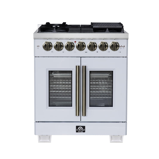 Forno FFSGS638730WHT Forno Capriasca 30-Inch Freestanding French Door Dual Fuel Range In White With Antique Brass Accessories, 5 Burners, True Convection Oven