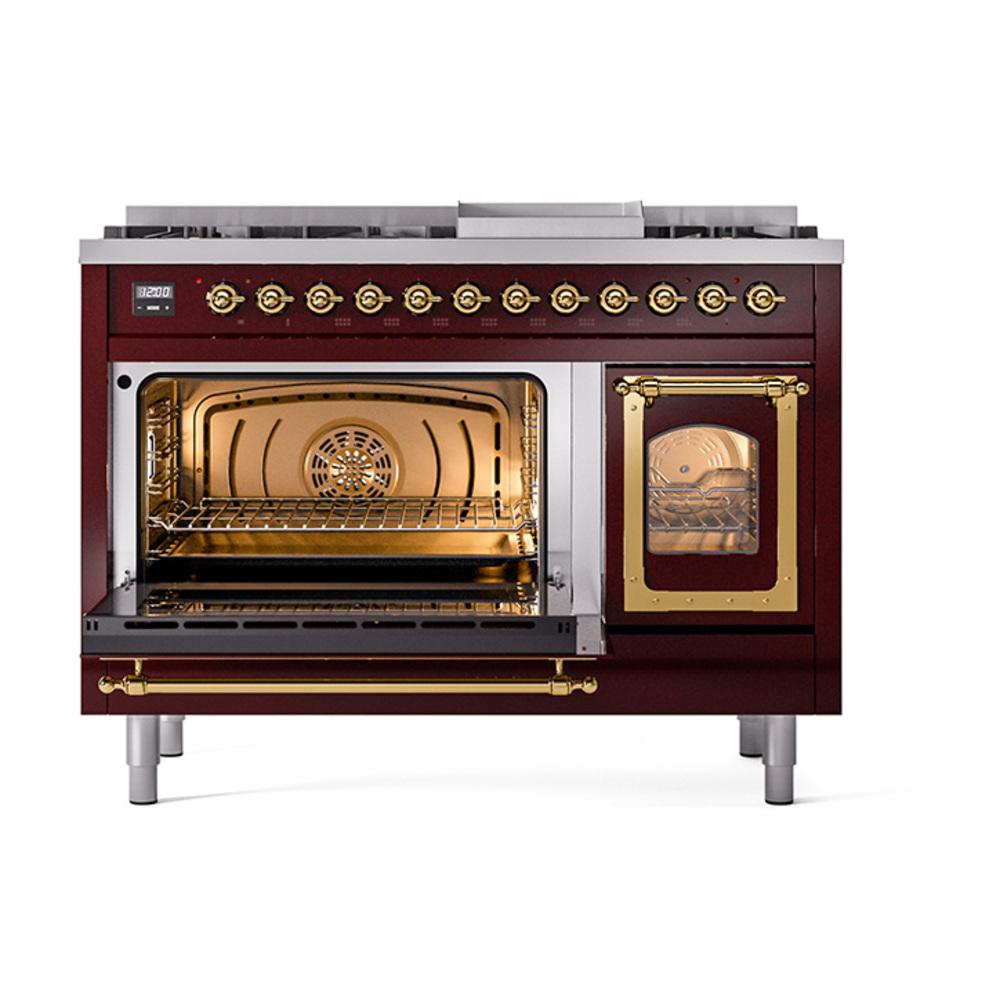 Ilve UN48FNMPBUGLP Ilve Un48Fnmpbuglp Nostalgie Ii Noblesse 48" Dual Fuel Range (8 Sealed Burners + Griddle, Liquid Propane, Triple Glass Door, Burgundy, Brass)