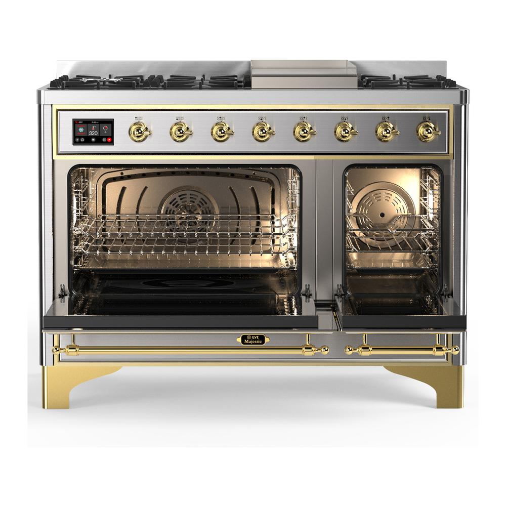 Ilve UM48FNR3SSG Ilve Um48Fnr3Ssg Majestic Iii 48 Inch Dual Fuel Range With 8 Burners And Griddle, Dual Function Burner Up To 25,000 Btu (Natural Gas, Triple Glass Door, Stainless Steel, Brass)