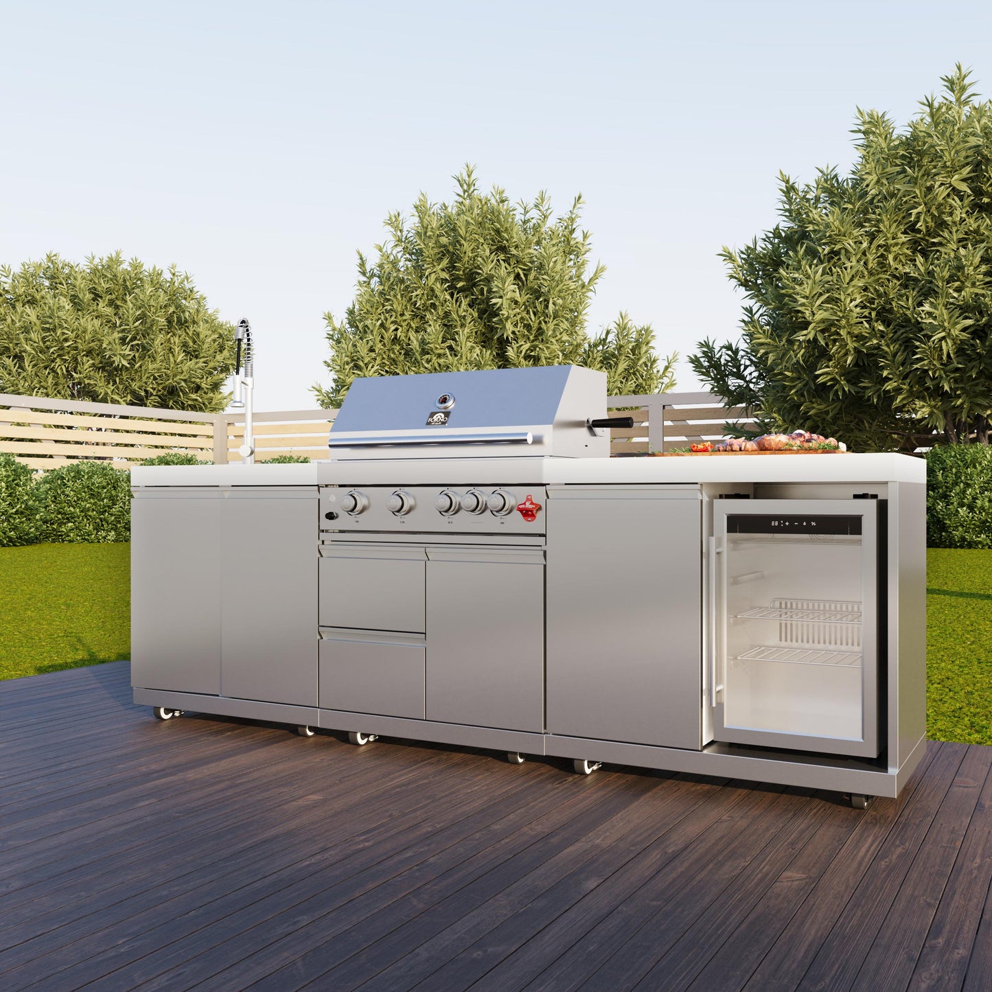 Forno FODKT2506WHT Forno Bulnes 30-Inch Bbq, 60,000 Btu, 3 Burners With Sear & Rotisserie Infrared Burners, Stainless Steel Outdoor Kitchen With 1.8 Cu.Ft. Beverage Center & White Sintered Stone Countertops