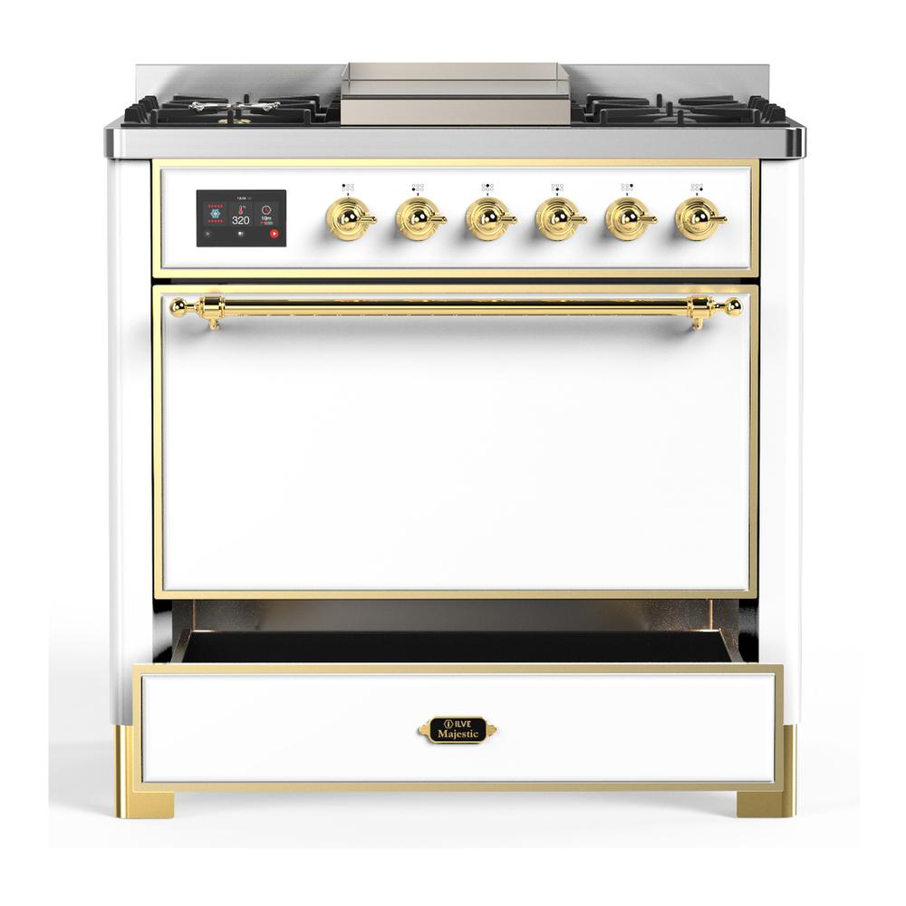 Ilve UM36FQNR3WHGLP Ilve Um36Fqnr3Whglp Majestic Iii 36 Inch Dual Fuel Range With 6 Black Brass Burners And Griddle, Dual Function Burner Up To 25,000 Btu (Solid Door, White, Brass, Liquid Propane)