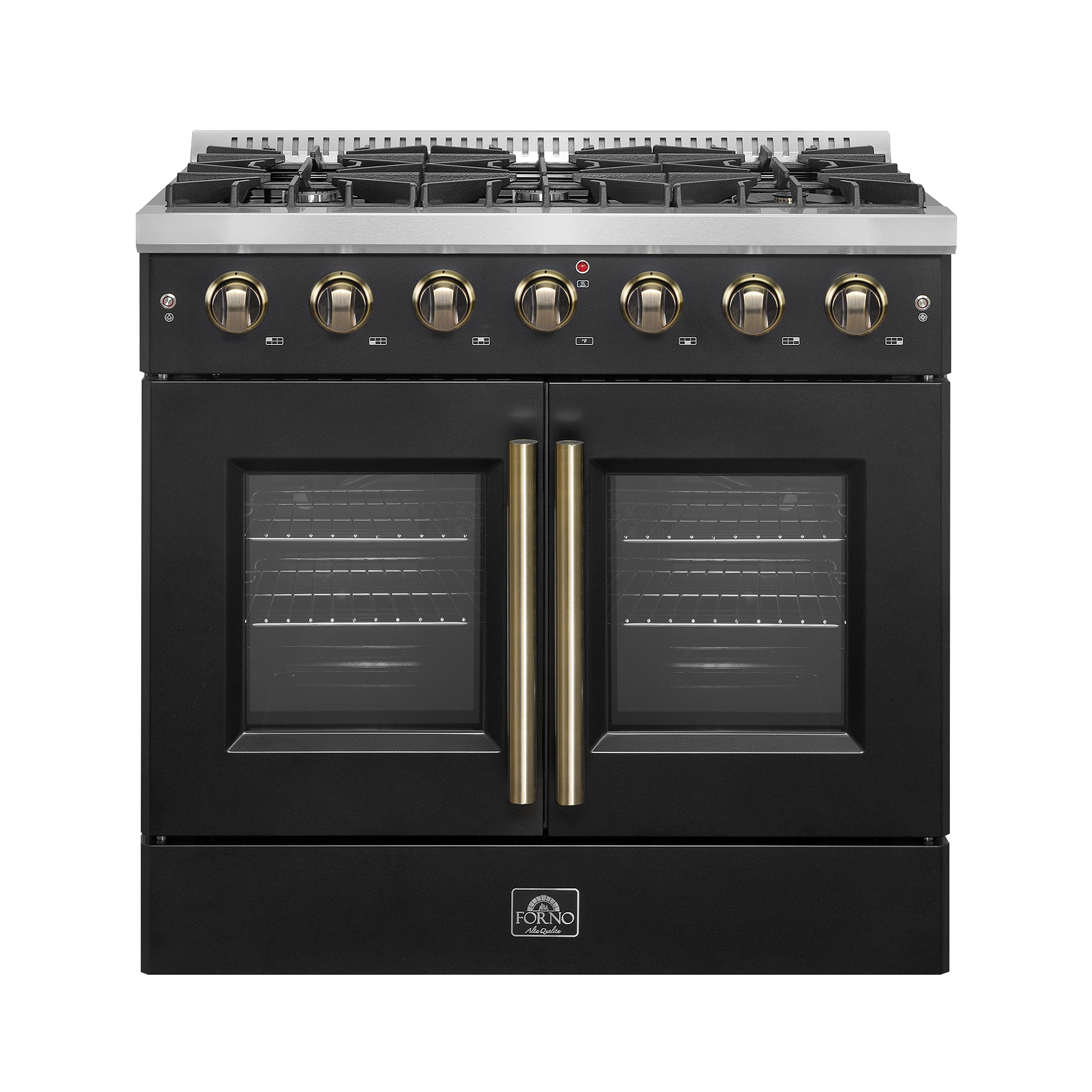 Forno FFSGS644436BLK Forno Galiano 36-Inch French Door Gas Range Black And Antique Brass Design, 6 Sealed Burners 83,000 Btu, 5.36 Cu.Ft. Convection Oven