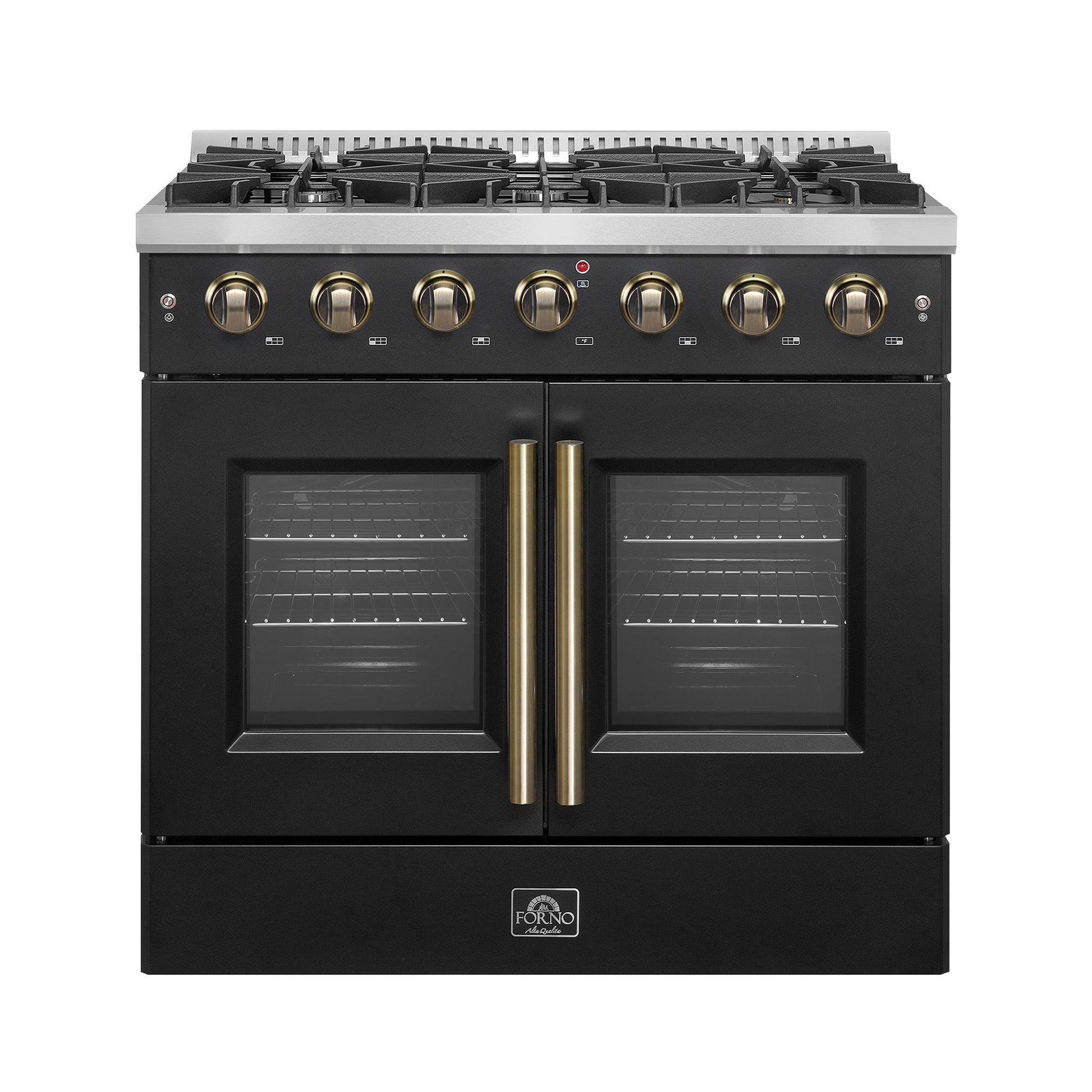 Forno FFSGS644436BLK Forno Galiano 36-Inch French Door Gas Range Black And Antique Brass Design, 6 Sealed Burners 83,000 Btu, 5.36 Cu.Ft. Convection Oven