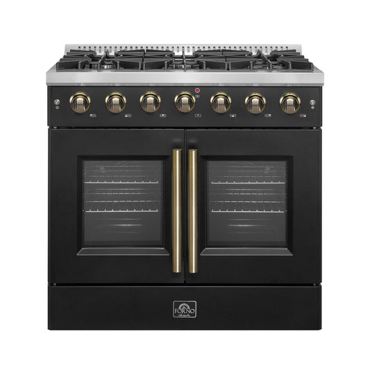 Forno FFSGS644436BLK Forno Galiano 36-Inch French Door Gas Range Black And Antique Brass Design, 6 Sealed Burners 83,000 Btu, 5.36 Cu.Ft. Convection Oven