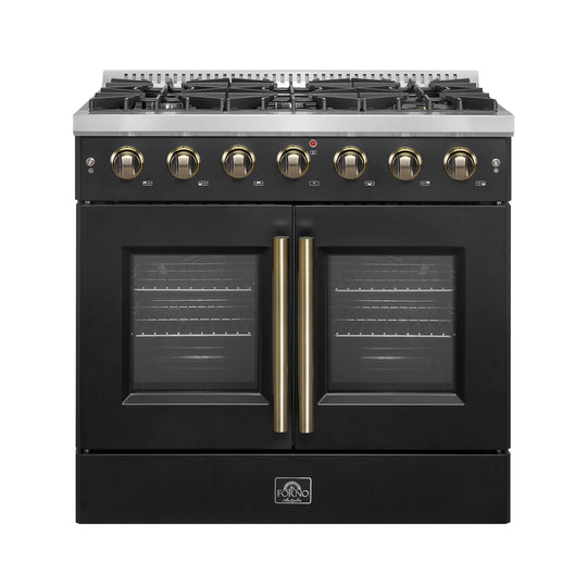 Forno FFSGS644436BLK Forno Galiano 36-Inch French Door Gas Range Black And Antique Brass Design, 6 Sealed Burners 83,000 Btu, 5.36 Cu.Ft. Convection Oven
