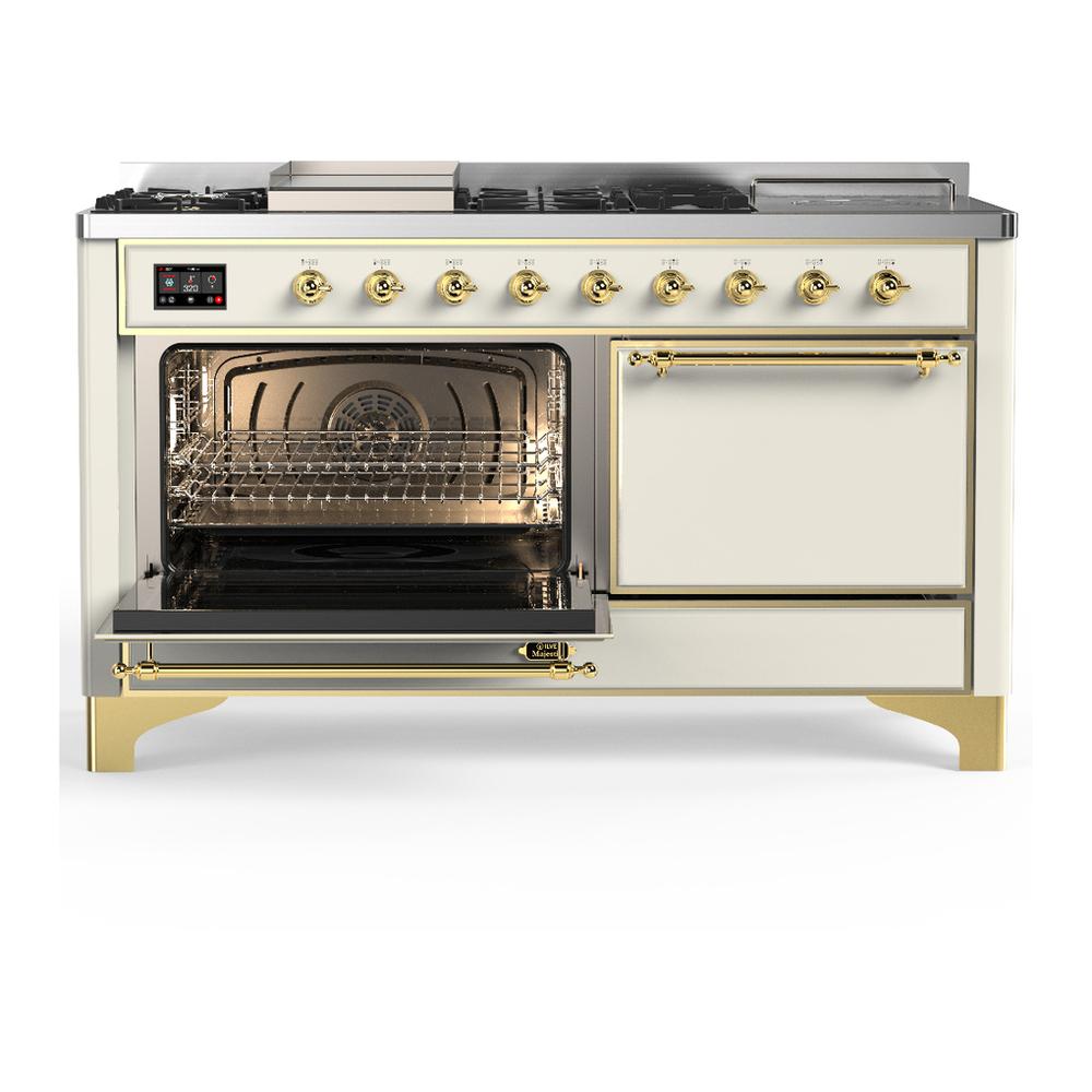Ilve UM60FSQNR3AWG Ilve Um60Fsqnr3Awg Majestic Iii 60 Inch Dual Fuel Range With 7 Burners, Griddle And French Top, Dual Function Burner With Up To 25,000 Btu (Natural Gas, Solid Door, Antique White, Brass)