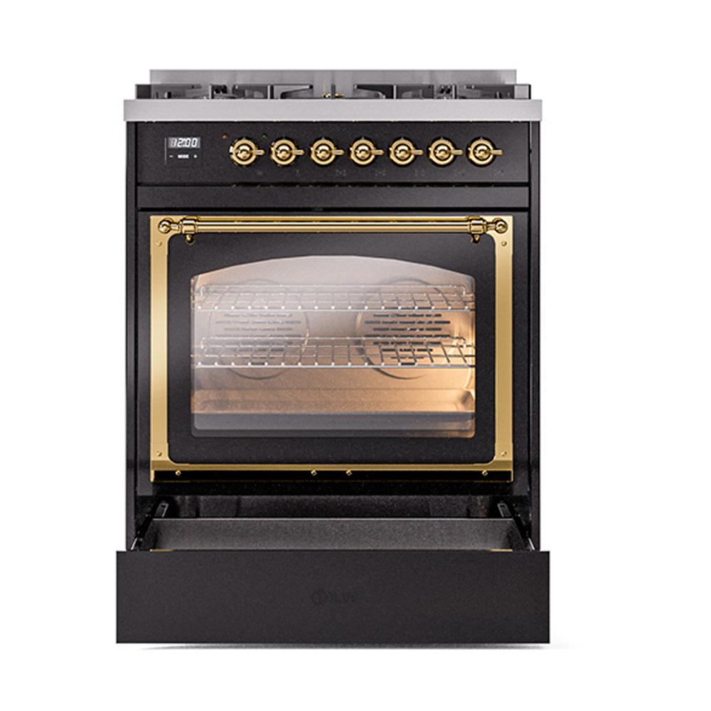 Ilve UN30NMPBKGLP Ilve Un30Nmpbkglp Nostalgie Ii Noblesse 30" Dual Fuel Range (Liquid Propane, Triple Glass Door, Glossy Black, Brass)