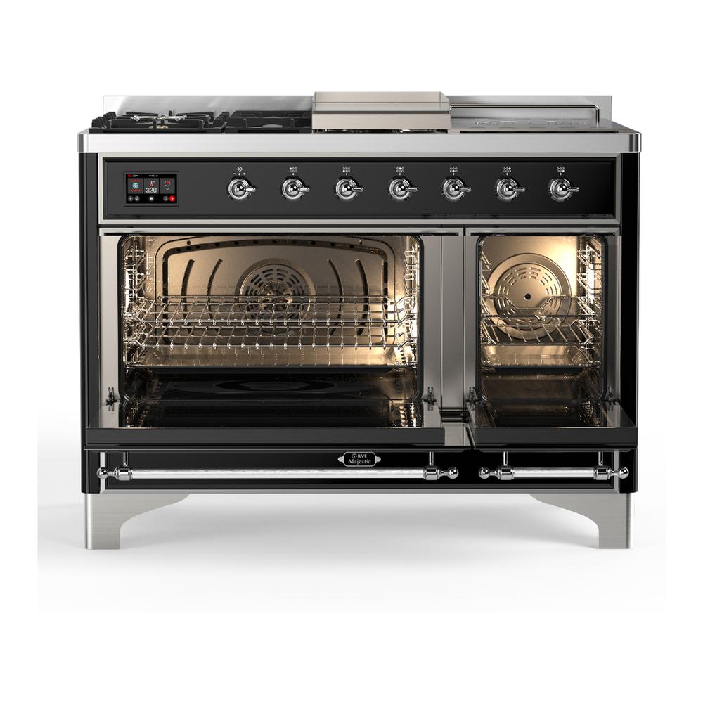 Ilve UM48FSNR3BKCLP Ilve Um48Fsnr3Bkclp Majestic Iii 48 Inch Dual Fuel Range With 5 Black Brass Burners, Griddle And French Top, Dual Function Burner Up To 25,000 Btu (Liquid Propane, Triple Glass Door, Glossy Black, Chrome)