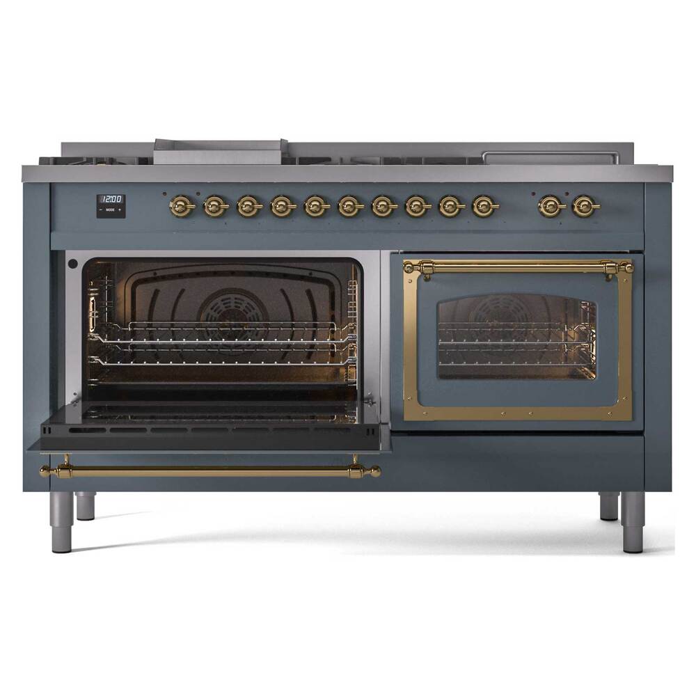 Ilve UN60FSNMPBGGLP Ilve Un60Fsnmpbgglp Nostalgie Ii Noblesse 60" Dual Fuel Range (7 Sealed Burners + Griddle + French Top, Liquid Propane, Triple Glass Door, Blue Grey, Brass)