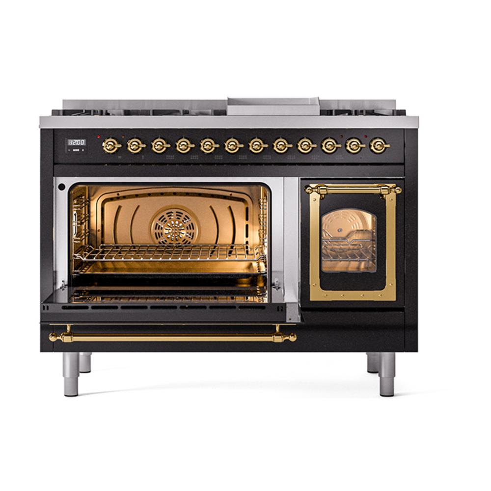 Ilve UN48FNMPBKGLP Ilve Un48Fnmpbkglp Nostalgie Ii Noblesse 48" Dual Fuel Range (8 Sealed Burners + Griddle, Liquid Propane, Triple Glass Door, Glossy Black, Brass)