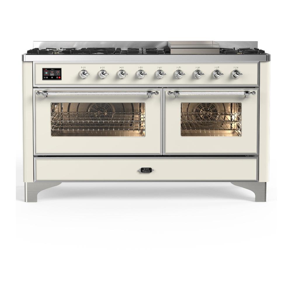 Ilve UM60FNR3AWCLP Ilve Um60Fnr3Awclp Majestic Iii 60 Inch Dual Fuel Range With 9 Burners And Griddle, Dual Function Burner Up To 25,000 Btu (Liquid Propane, Triple Glass Door, Antique White, Chrome)
