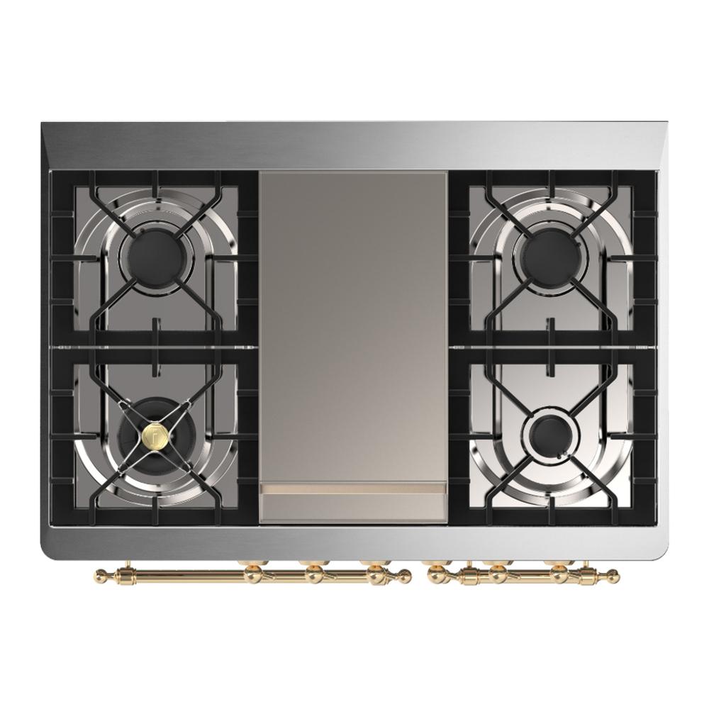 Ilve UMD40FNR3BUG Ilve Umd40Fnr3Bug Majestic Iii 40 Inch Dual Fuel Range With 6 Burners And Griddle, Dual Function Burner Up To 25,000 Btu (Natural Gas, Triple Glass Door, Burgundy, Brass)