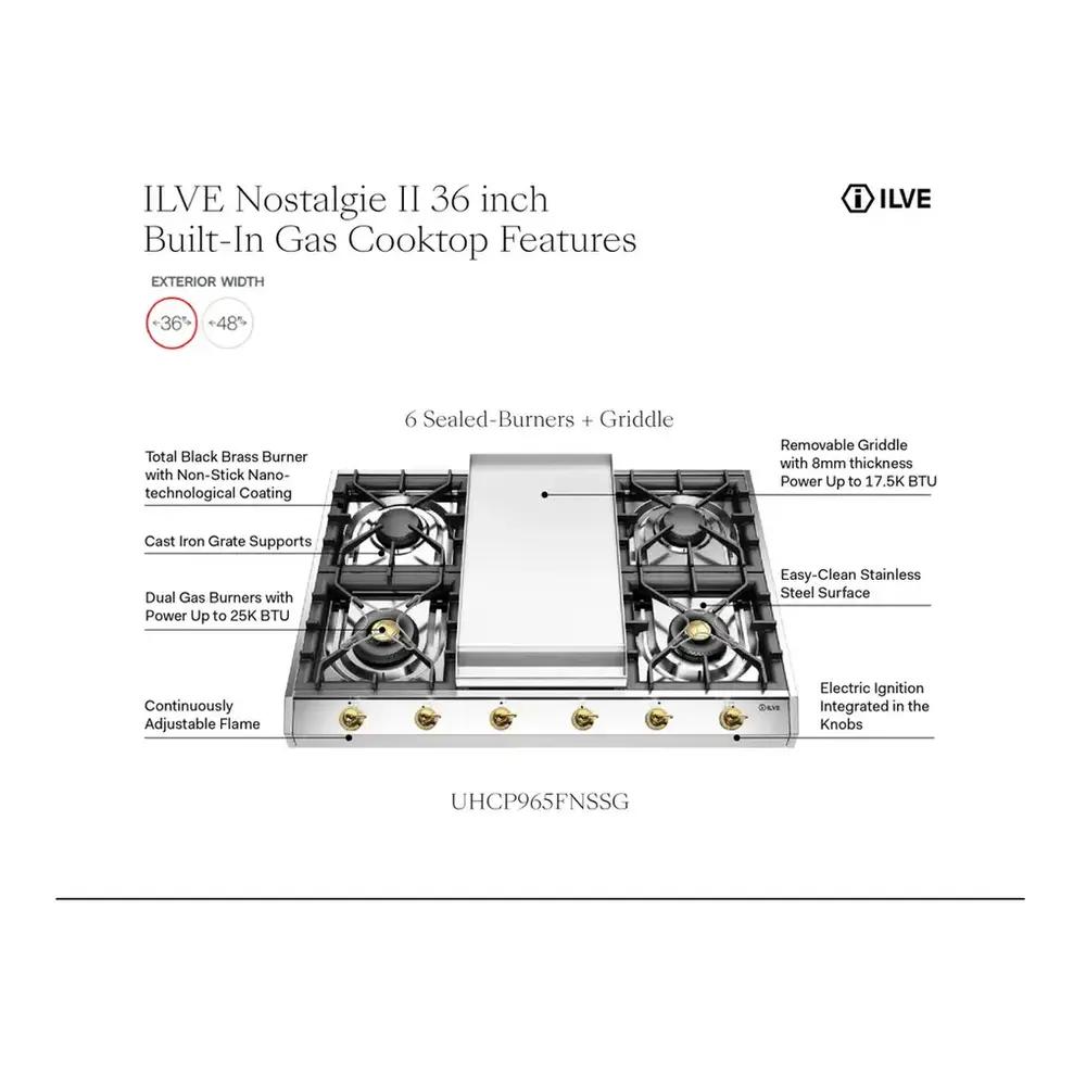 Ilve UHCP965FNSSB Ilve Uhcp965Fnssb Nostalgie Ii 36 Inch Gas Cooktop With Griddle, In Stainless Steel (Natural Gas, Burnished)