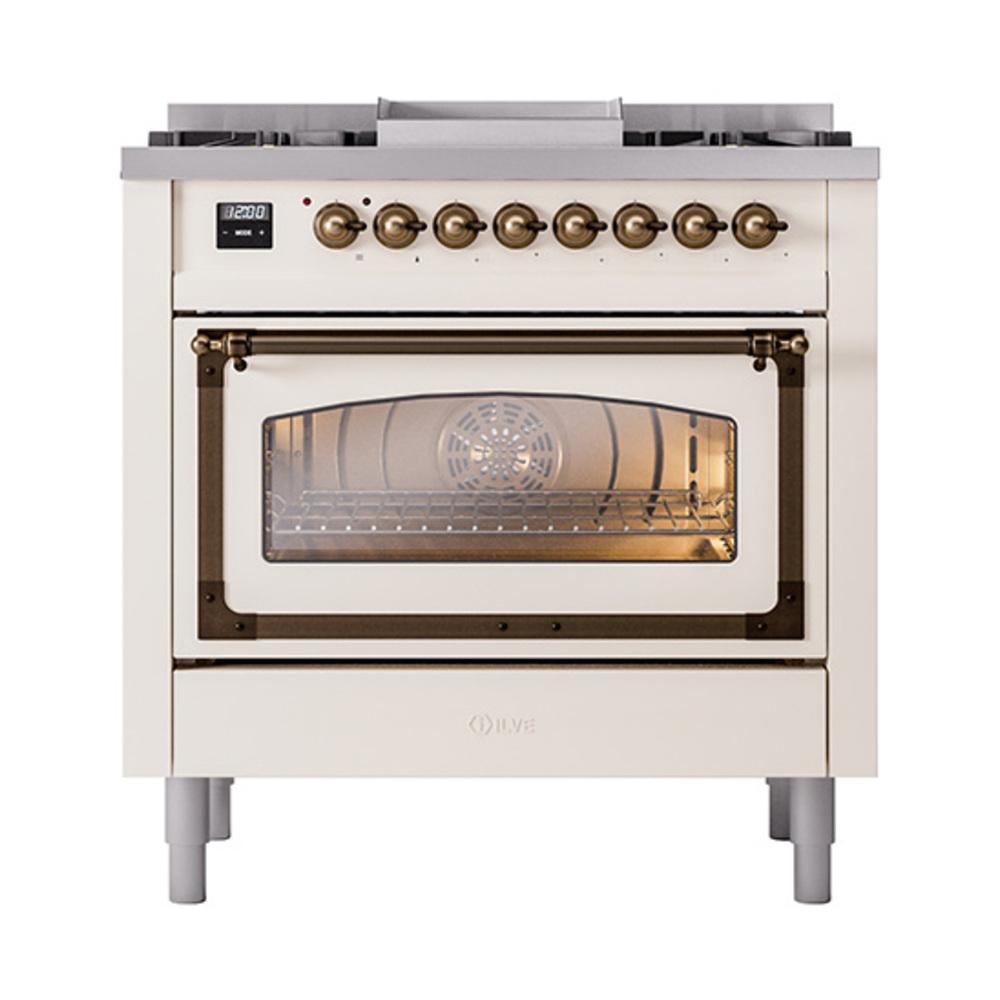 Ilve UN36FNMPAWBLP Ilve Un36Fnmpawblp Nostalgie Ii Noblesse 36" Dual Fuel Range (Liquid Propane, Triple Glass Door, Antique White, Burnished)