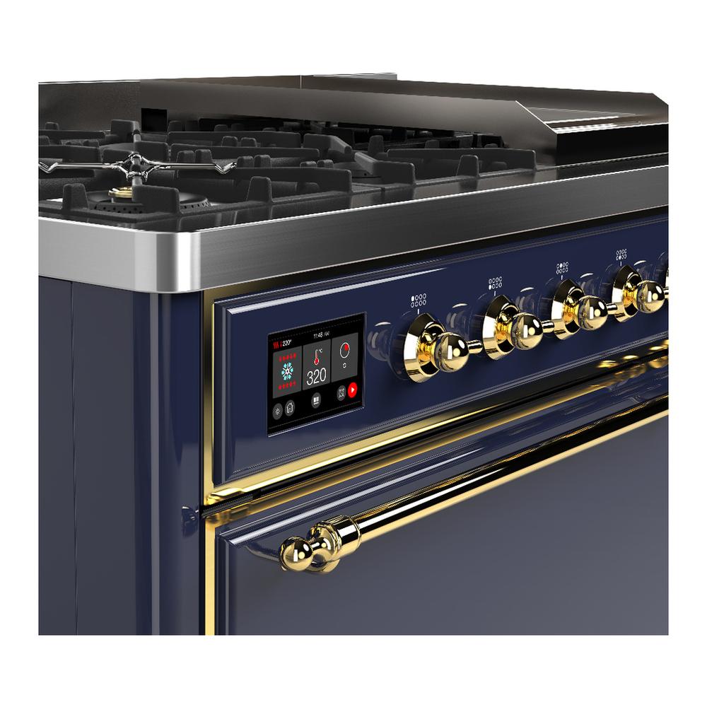 Ilve UM48FQNR3MBG Ilve Um48Fqnr3Mbg Majestic Iii 48 Inch Dual Fuel Range With 8 Burners And Griddle, Dual Function Burner Up To 25,000 Btu (Natural Gas, Solid Door, Midnight Blue, Brass)