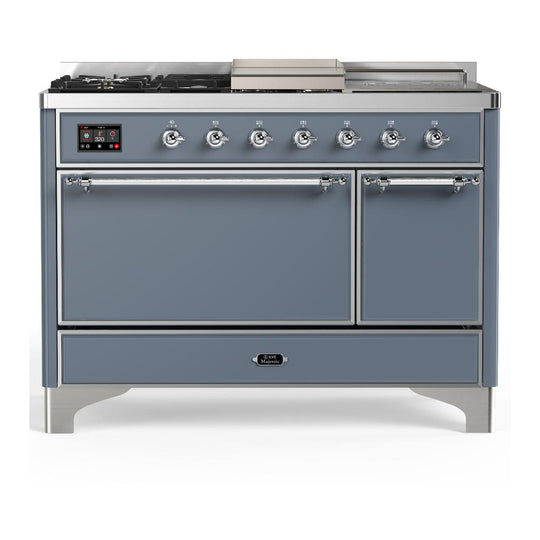 Ilve UM48FSQNR3BGC Ilve Um48Fsqnr3Bgc Majestic Iii 48 Inch Dual Fuel Range With 5 Black Brass Burners, Griddle And French Top, Dual Function Burner Up To 25,000 Btu (Natural Gas, Solid Door, Blue Grey, Chrome)