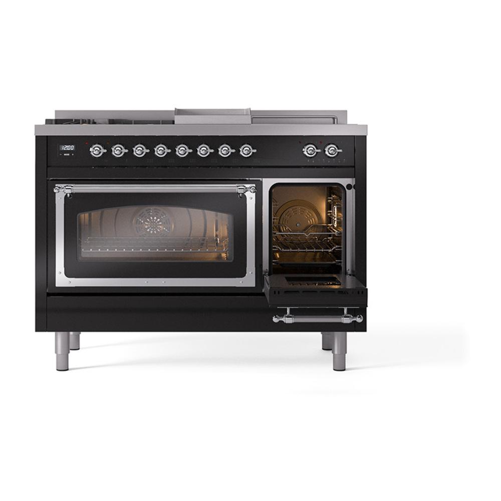 Ilve UN48FSNMPBKCLP Ilve Un48Fsnmpbkclp Nostalgie Ii Noblesse 48" Dual Fuel Range (5 Sealed Burners + Griddle + French Top, Liquid Propane, Triple Glass Door, Glossy Black, Chrome)
