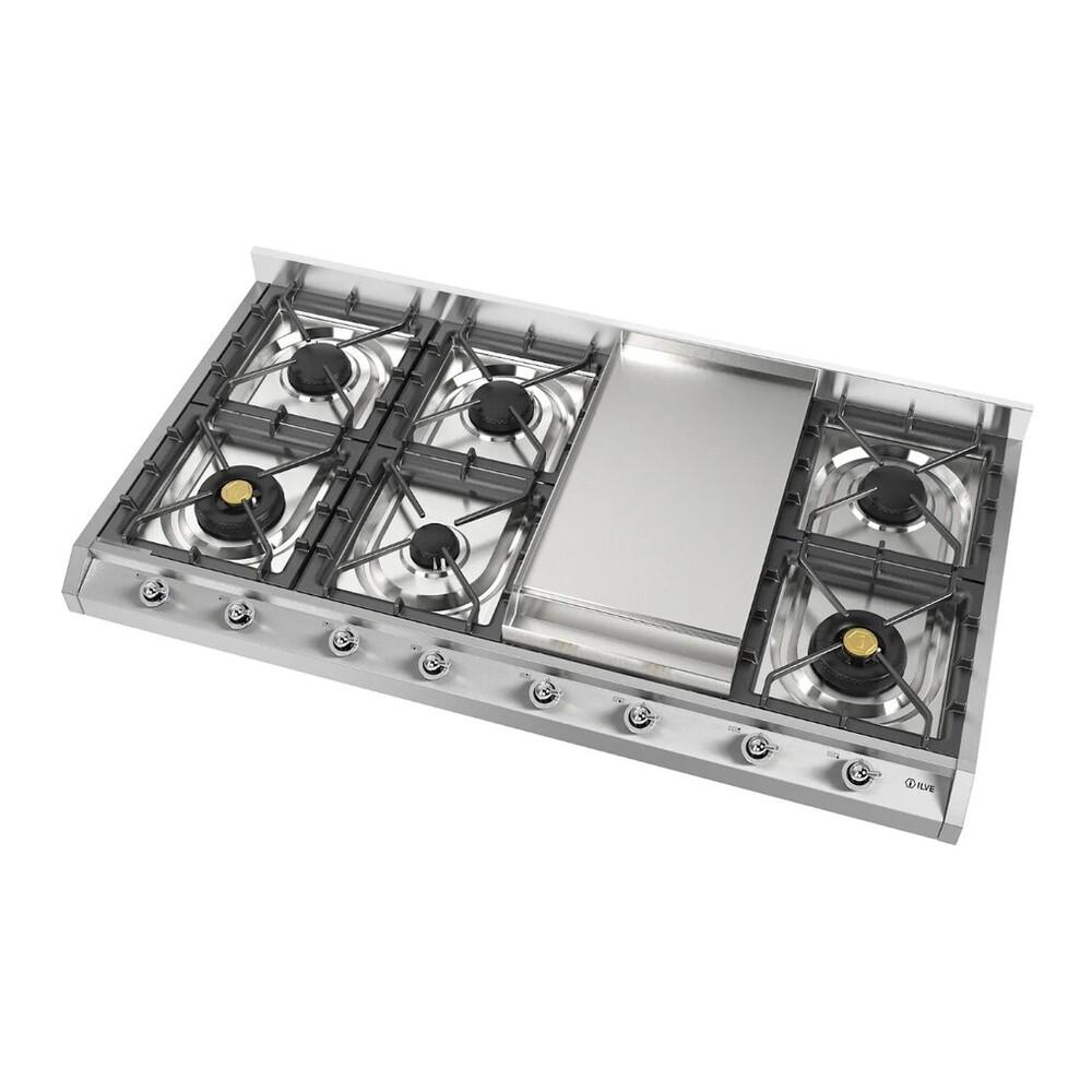 Ilve UHCP1265FNSSC Ilve Uhcp1265Fnssc Nostalgie Ii 48 Inch Gas Cooktop With 8 Burners, Griddle, In Stainless Steel (Natural Gas, Chrome)