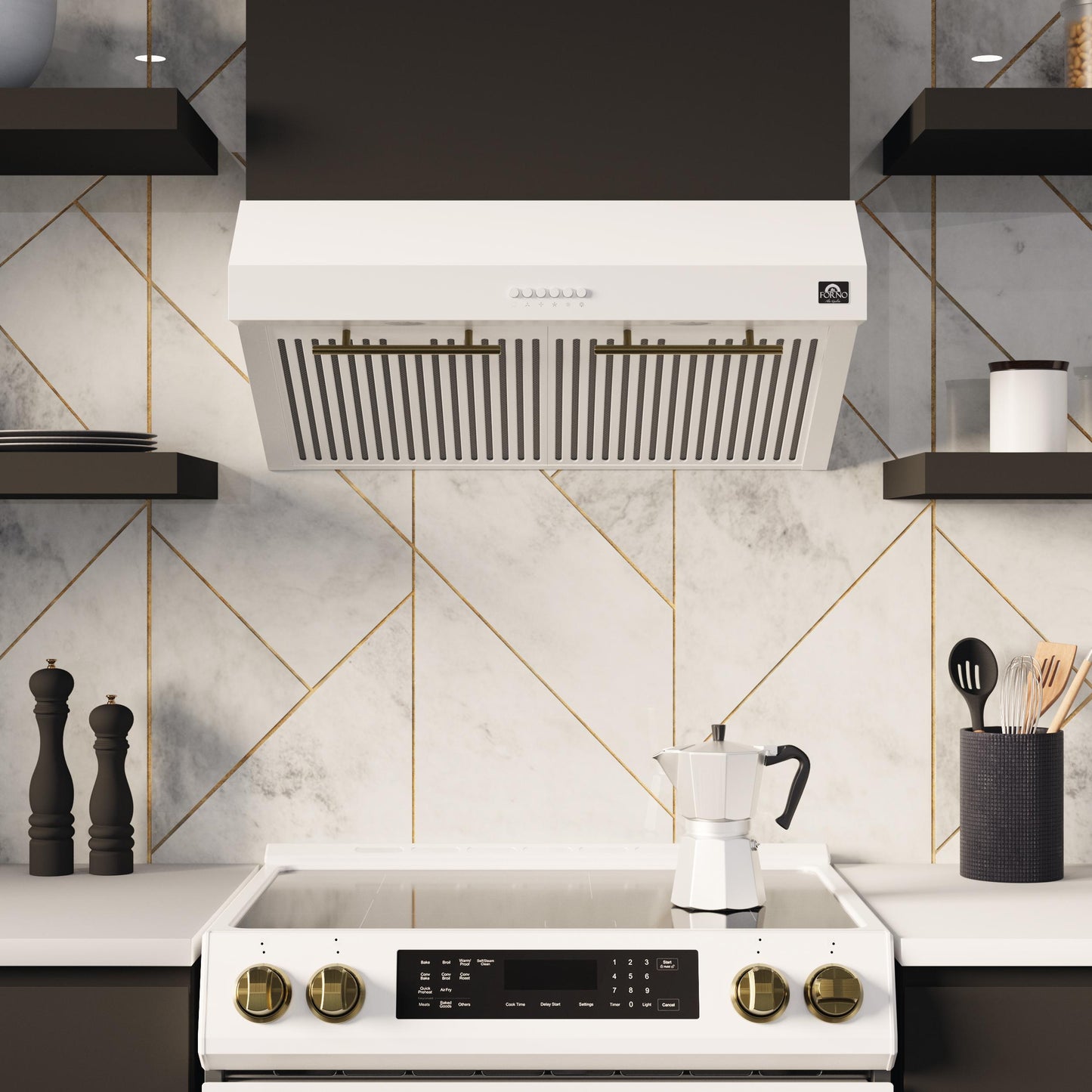 Forno FRHUC525530WHT Forno Bari Espresso 30-Inch Under Cabinet Range Hood, White, 600 Cfm, Led Lighting, Dishwasher-Safe Baffle Filters, 3-Speed Fan Control