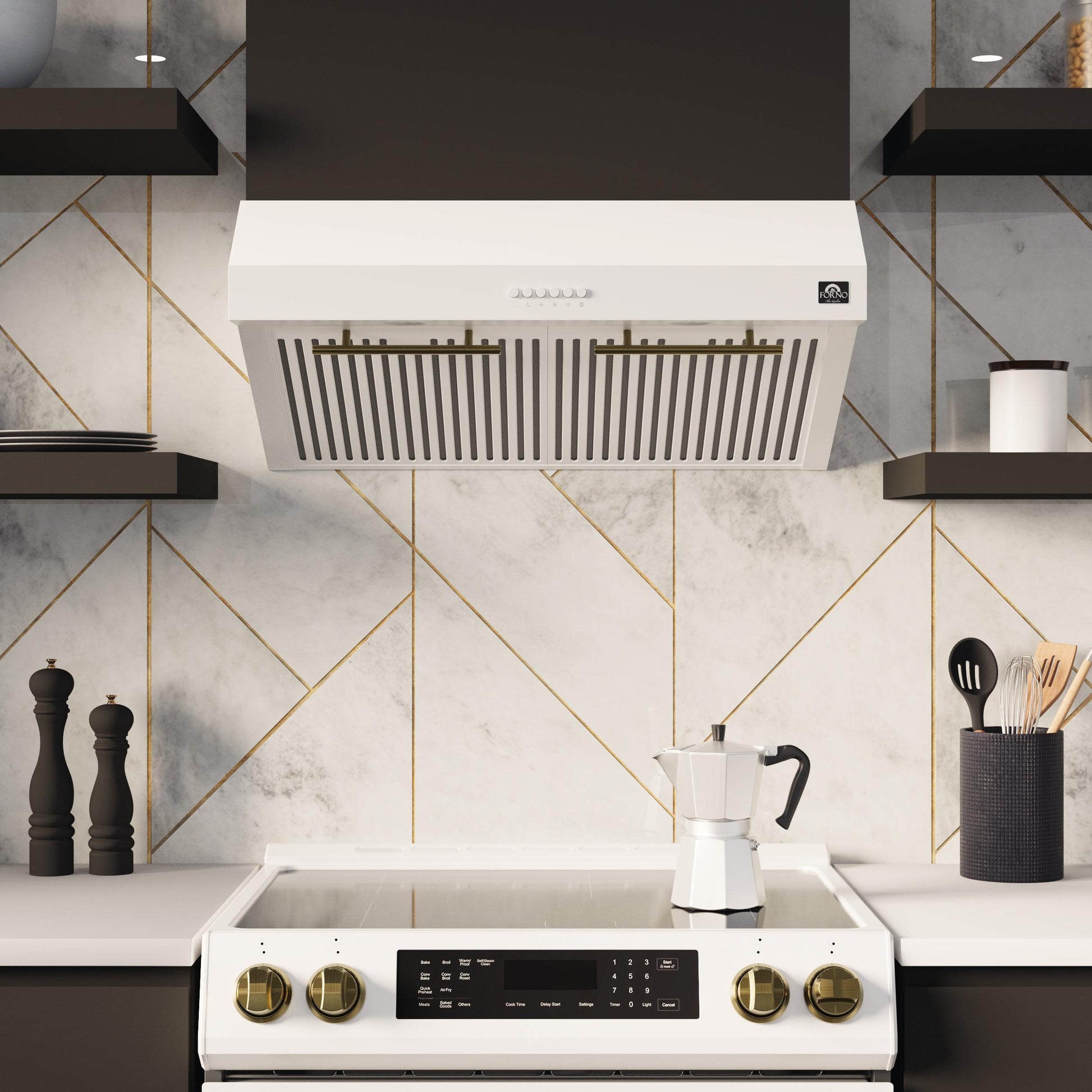Forno FRHUC525530WHT Forno Bari Espresso 30-Inch Under Cabinet Range Hood, White, 600 Cfm, Led Lighting, Dishwasher-Safe Baffle Filters, 3-Speed Fan Control
