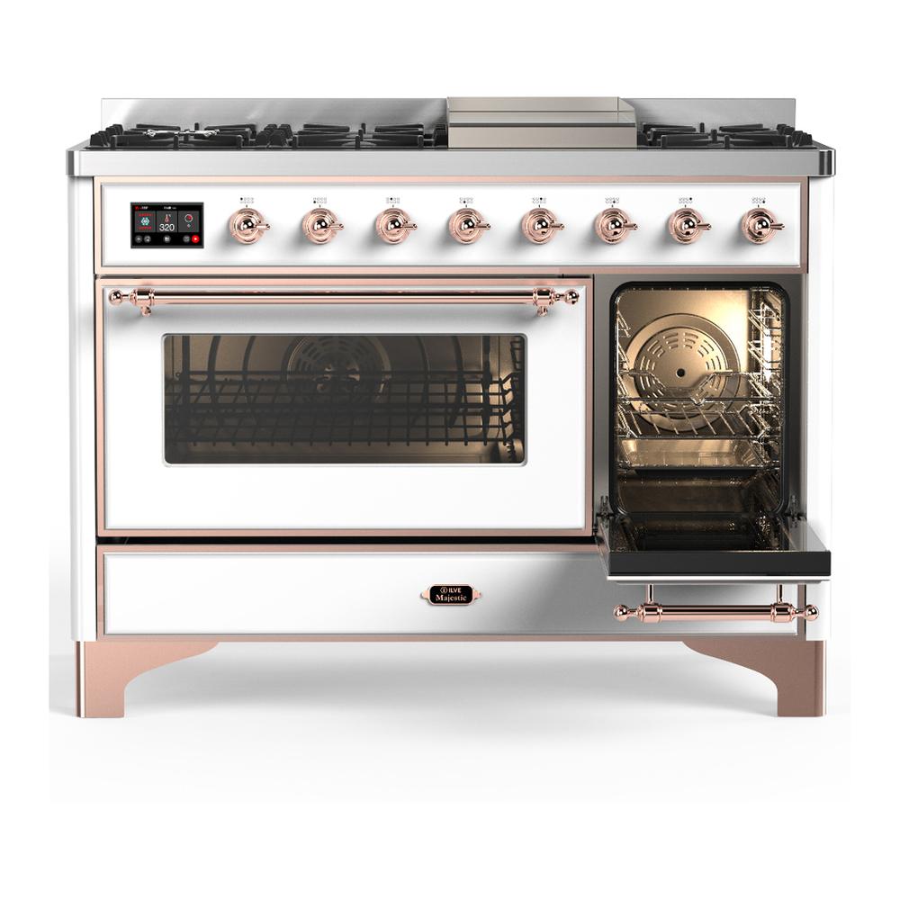 Ilve UM48FNR3WHP Ilve Um48Fnr3Whp Majestic Iii 48 Inch Dual Fuel Range With 8 Burners And Griddle, Dual Function Burner Up To 25,000 Btu (Natural Gas, Triple Glass Door, White, Copper)