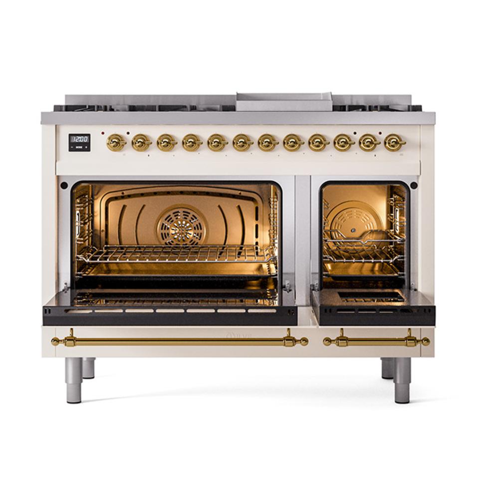 Ilve UN48FQNMPAWG Ilve Un48Fqnmpawg Nostalgie Ii Noblesse 48" Dual Fuel Range (8 Sealed Burners + Griddle, Natural Gas, Solid Door, Antique White, Brass)