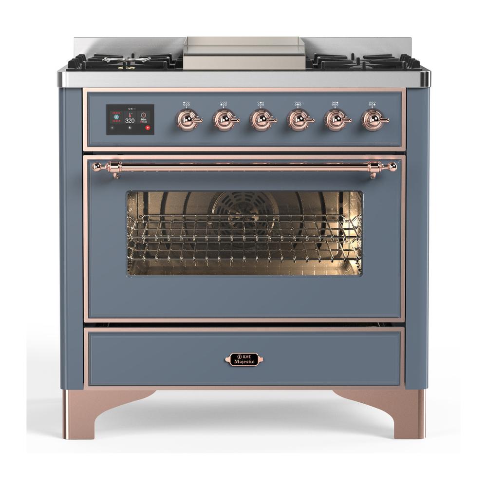 Ilve UM36FNR3BGP Ilve Um36Fnr3Bgp Majestic Iii 36 Inch Dual Fuel Range With 6 Black Brass Burners And Griddle, Dual Function Burner Up To 25,000 Btu (Triple Glass Door, Blue Grey, Copper, Natural Gas)