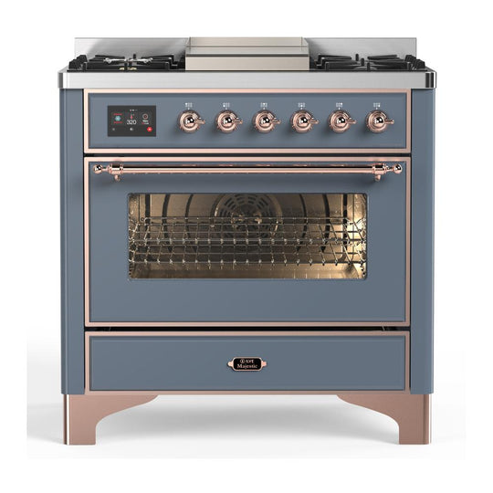 Ilve UM36FNR3BGP Ilve Um36Fnr3Bgp Majestic Iii 36 Inch Dual Fuel Range With 6 Black Brass Burners And Griddle, Dual Function Burner Up To 25,000 Btu (Triple Glass Door, Blue Grey, Copper, Natural Gas)