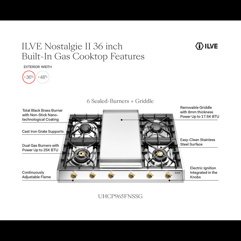 Ilve UHCP965FNSSGLP Ilve Uhcp965Fnssglp Nostalgie Ii 36 Inch Gas Cooktop With Griddle, In Stainless Steel (Liquid Propane, Brass)