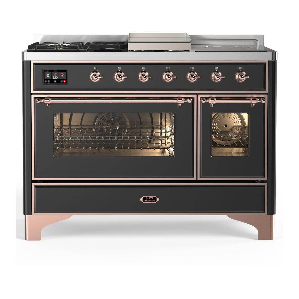 Ilve UM48FSNR3MGP Ilve Um48Fsnr3Mgp Majestic Iii 48 Inch Dual Fuel Range With 5 Black Brass Burners, Griddle And French Top, Dual Function Burner Up To 25,000 Btu (Natural Gas, Triple Glass Door, Graphite Matte, Copper)