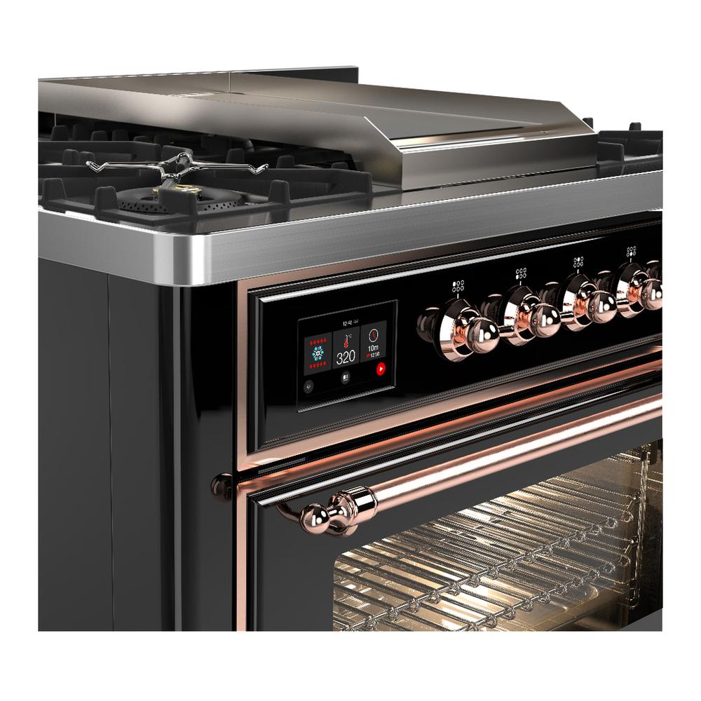 Ilve UM36FNR3BKP Ilve Um36Fnr3Bkp Majestic Iii 36 Inch Dual Fuel Range With 6 Black Brass Burners And Griddle, Dual Function Burner Up To 25,000 Btu (Triple Glass Door, Glossy Black, Copper, Natural Gas)