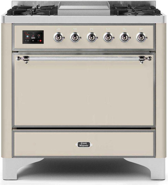 Ilve UM09FDQNS3AWC Majestic Ii 36 Inch Dual Fuel Natural Gas Freestanding Range In Antique White With Chrome Trim